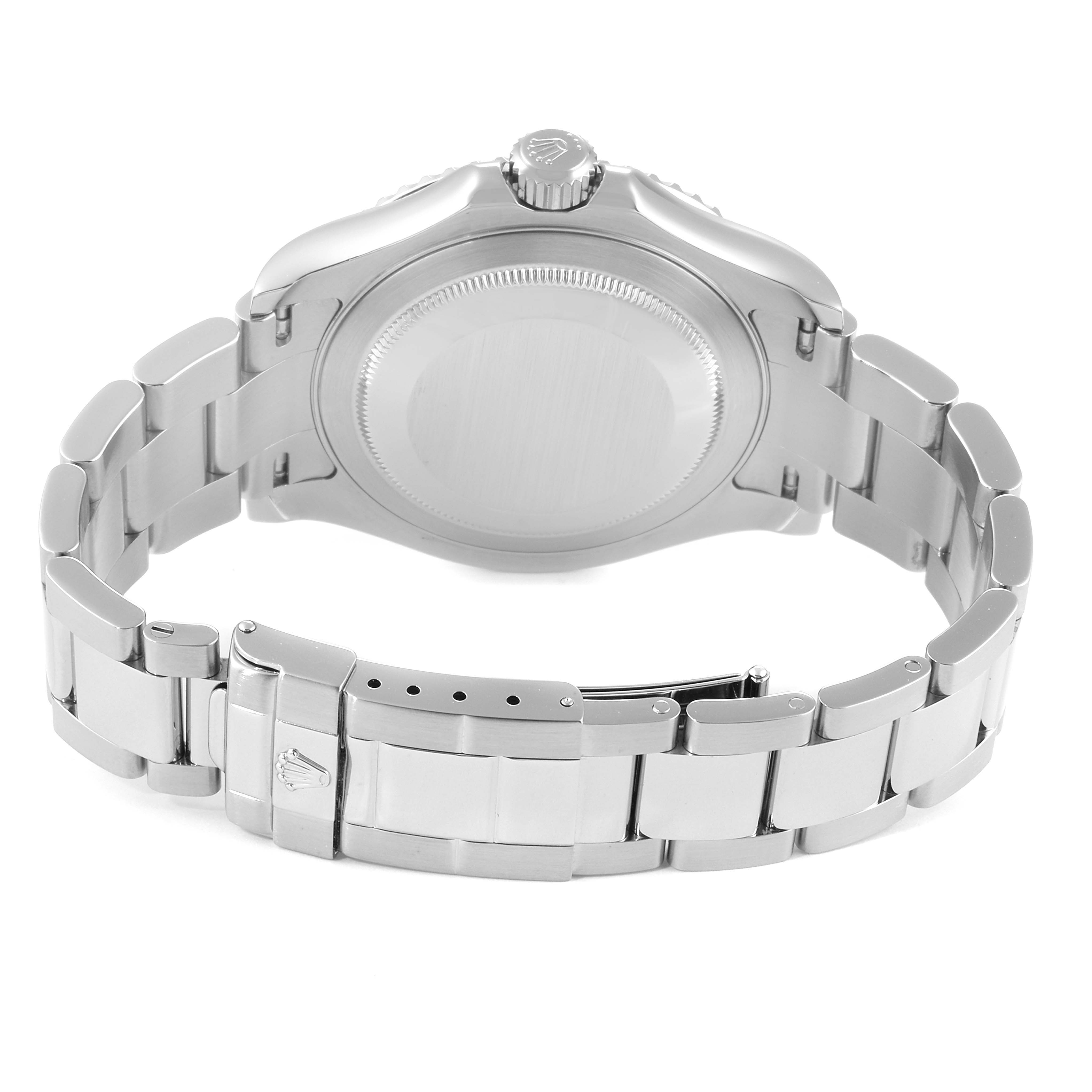 This image shows the back view of the Rolex Yacht-Master 16622 Men
s Stainless Steel Silver Dial 16622 Men
s Stainless Steel Silver Dial watch, highlighting its case back, bracelet, and clasp.