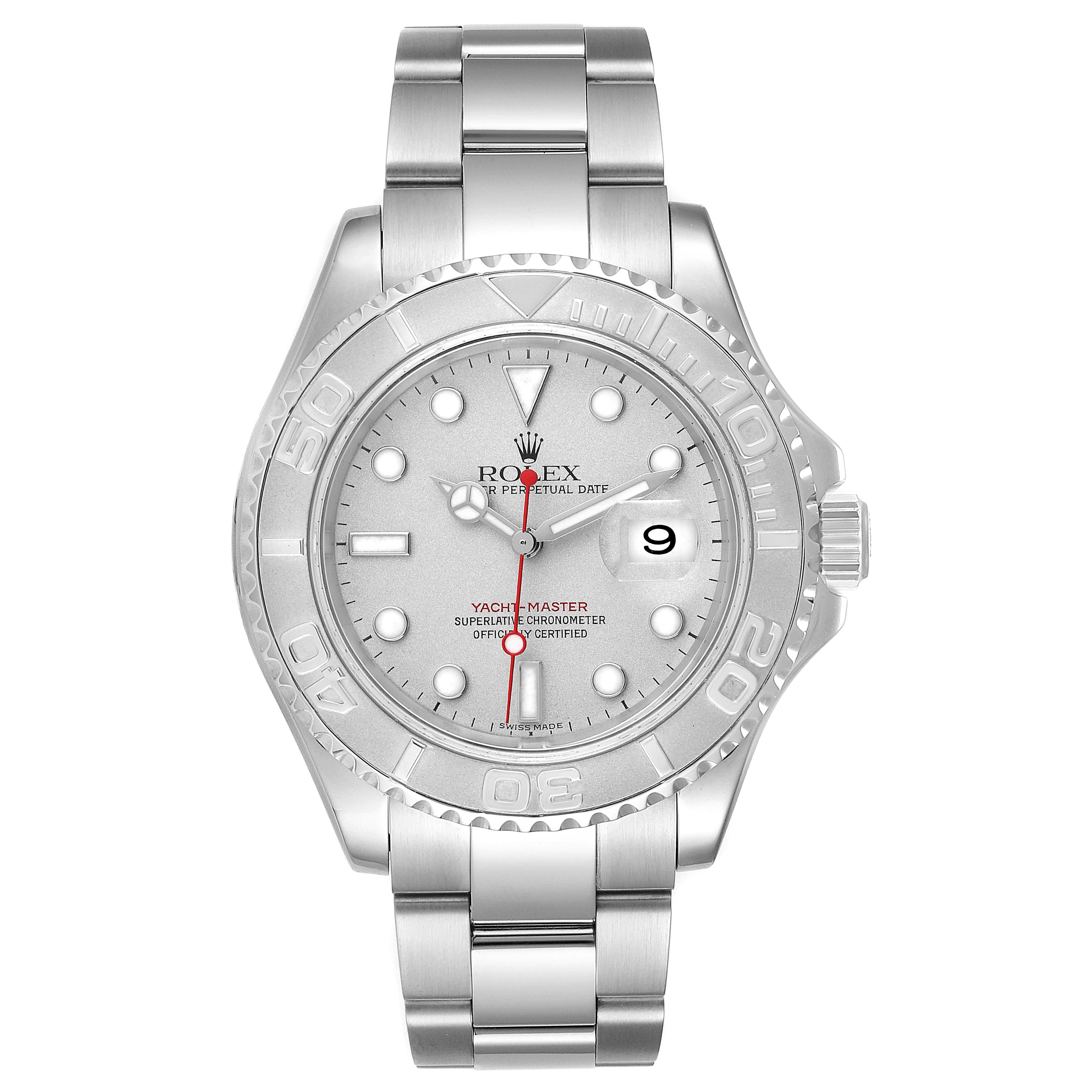 The image shows a front view of a Rolex Yacht-Master 16622 Men
s Stainless Steel Silver Dial 16622 Men
s Stainless Steel Silver Dial watch displaying the dial, bezel, and bracelet.