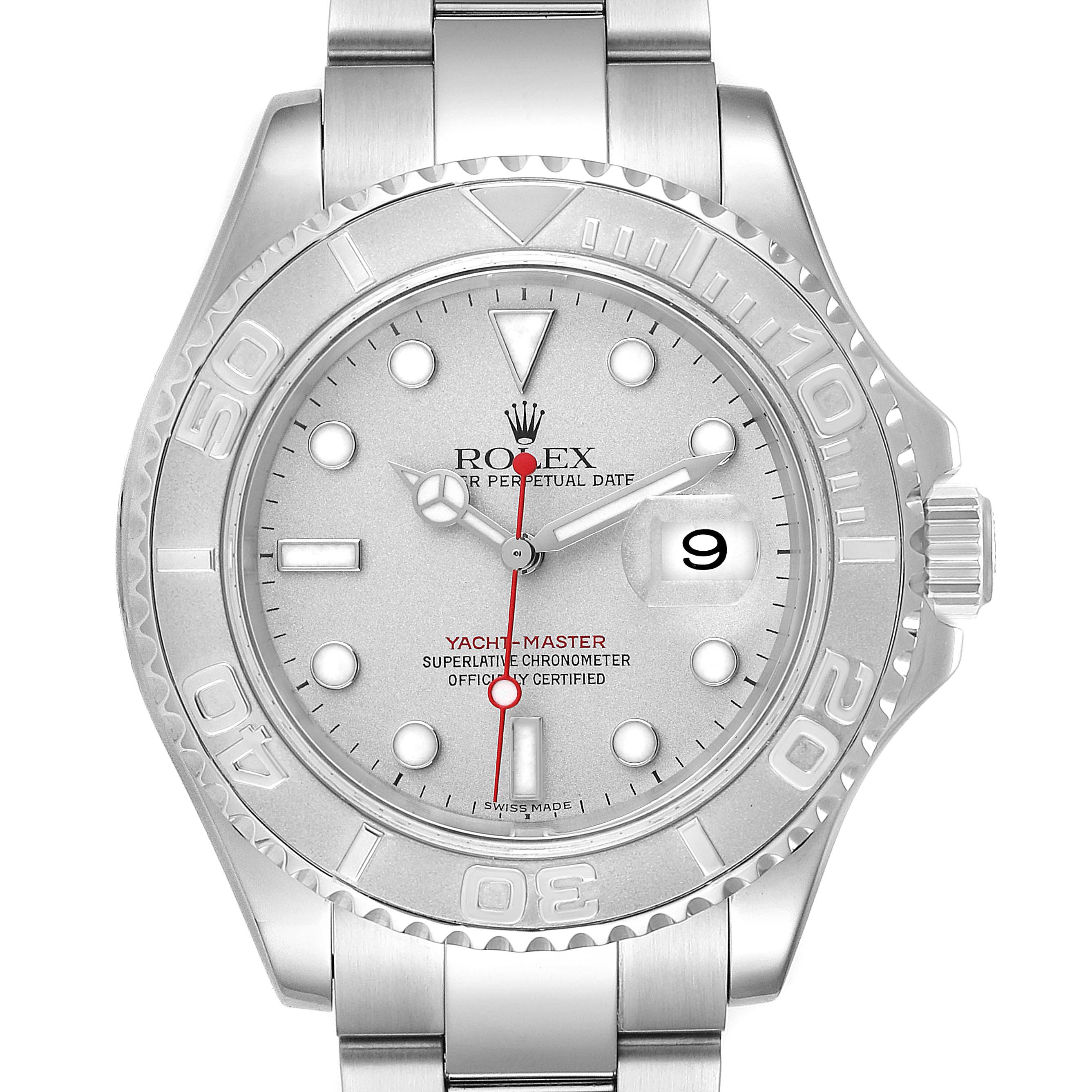 The image shows a front view of the Rolex Yacht-Master 16622 Men
s Stainless Steel Silver Dial 16622 Men
s Stainless Steel Silver Dial watch, highlighting the dial, bezel, and bracelet.