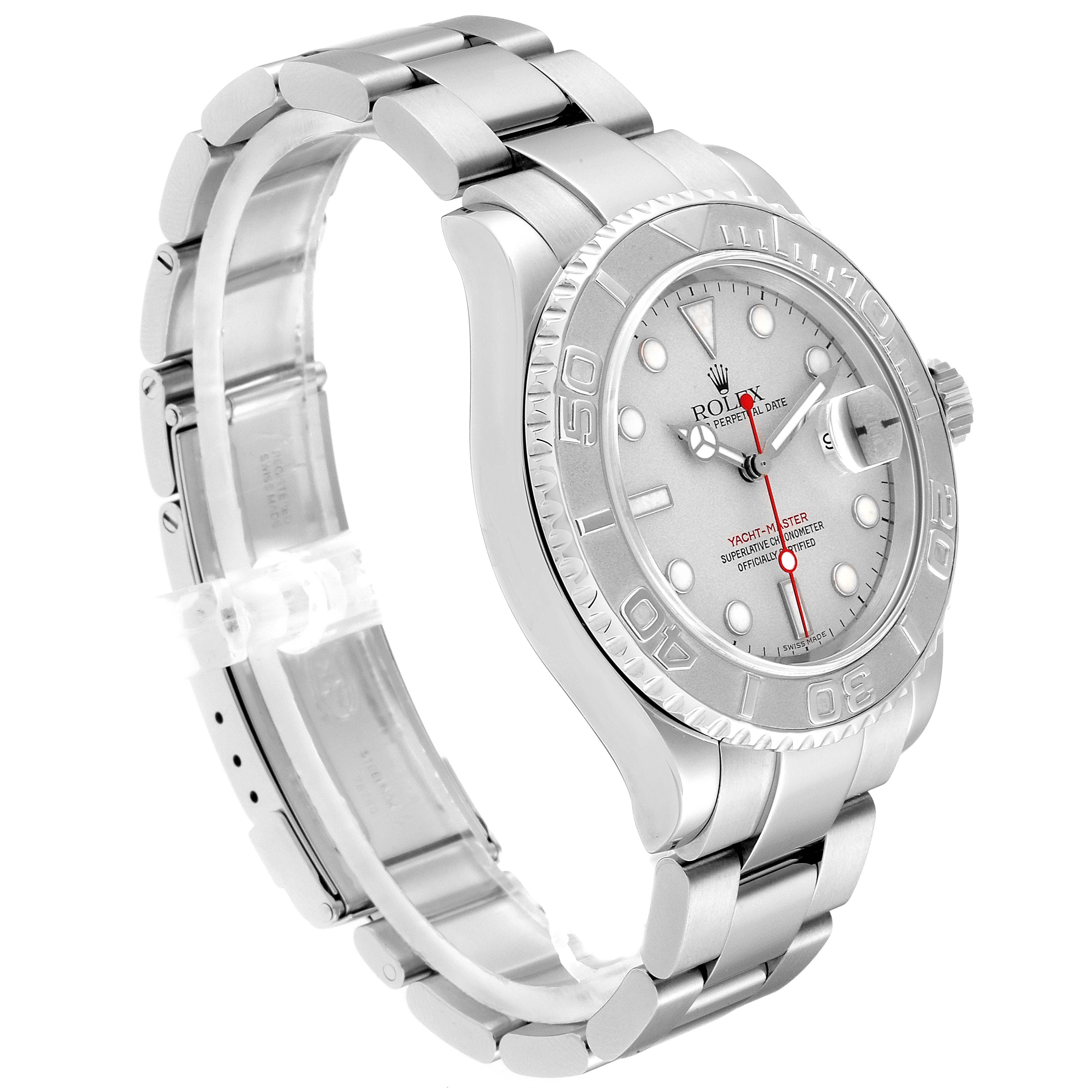 The image shows a side angle of a Rolex Yacht-Master 16622 Men
s Stainless Steel Silver Dial 16622 Men
s Stainless Steel Silver Dial watch, highlighting the face, bezel, crown, and part of the bracelet.