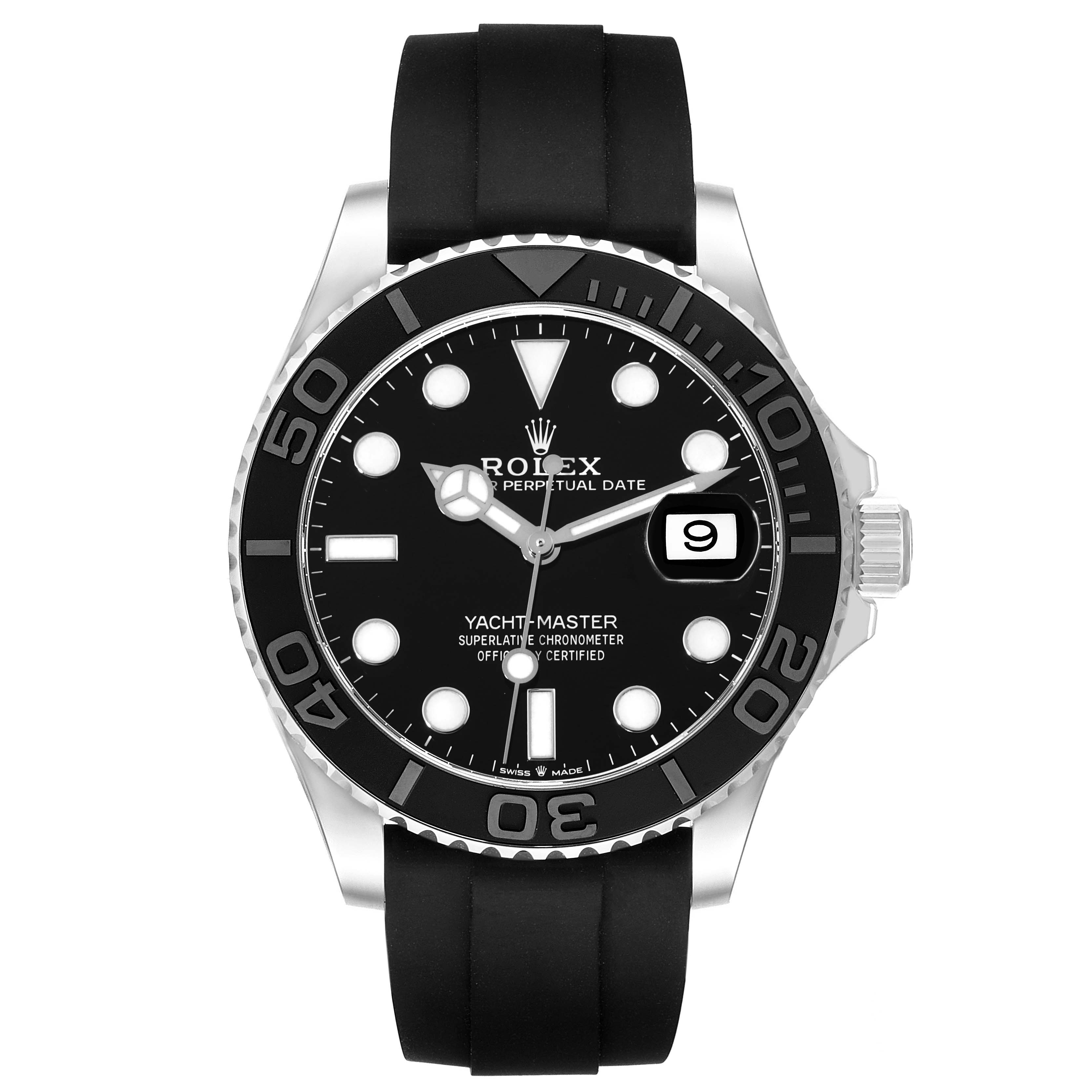 This is a front view of a Rolex Yacht-Master 226659 Men's White Gold Black Dial 226659 Men's White Gold Black Dial watch showing the face, bezel, date window, and part of the strap.