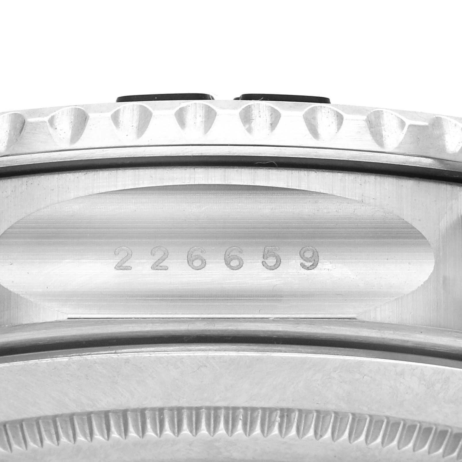 This close-up image shows the reference number engraved on the side of a Rolex Yacht-Master 226659 Men's White Gold Black Dial 226659 Men's White Gold Black Dial watch.