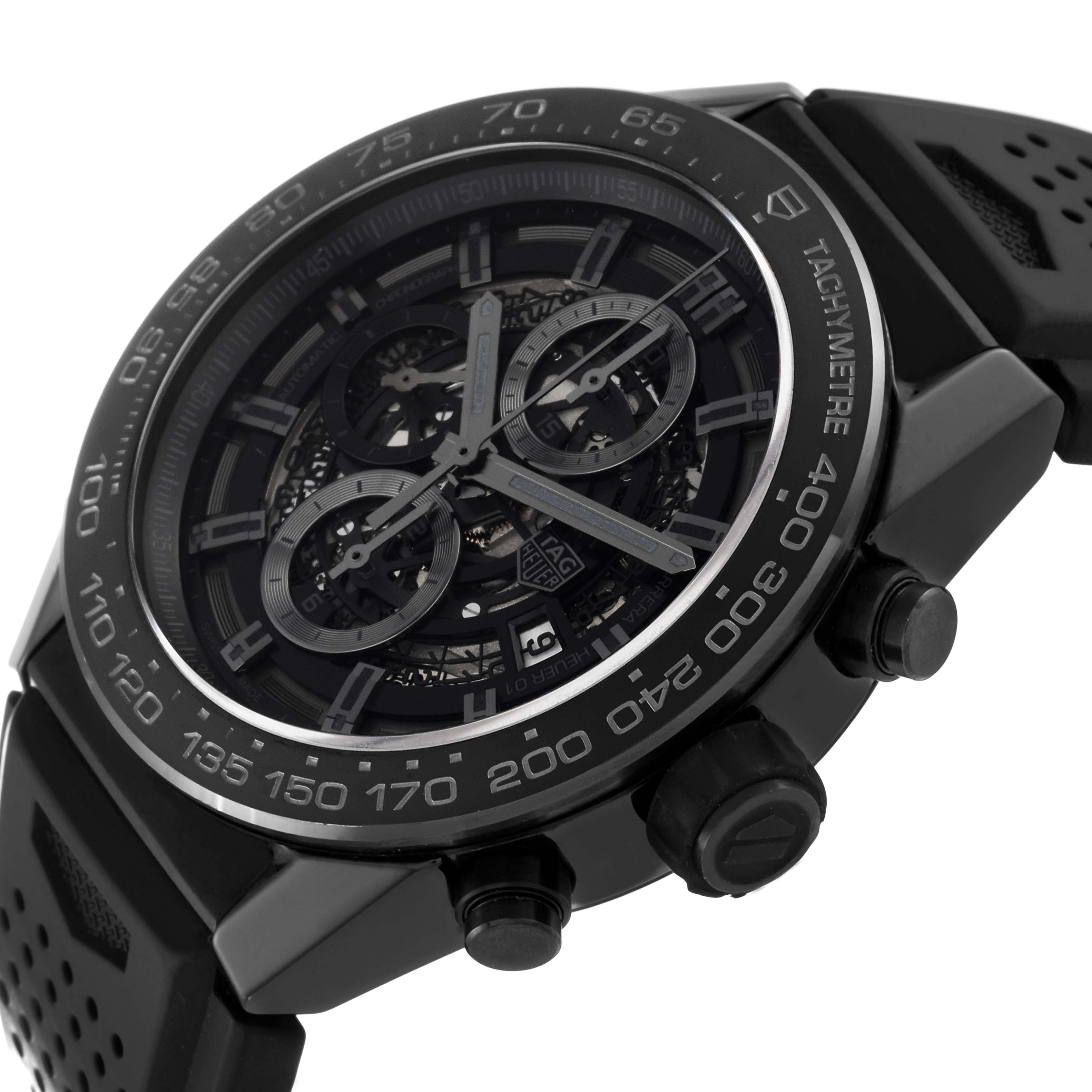 The image shows a close-up side angle of the Tag Heuer Carrera CAR2A90.FT6071 Men's Ceramic Black Dial CAR2A90.FT6071 Men's Ceramic Black Dial watch, highlighting its tachymeter bezel, pushers, and part of the strap.