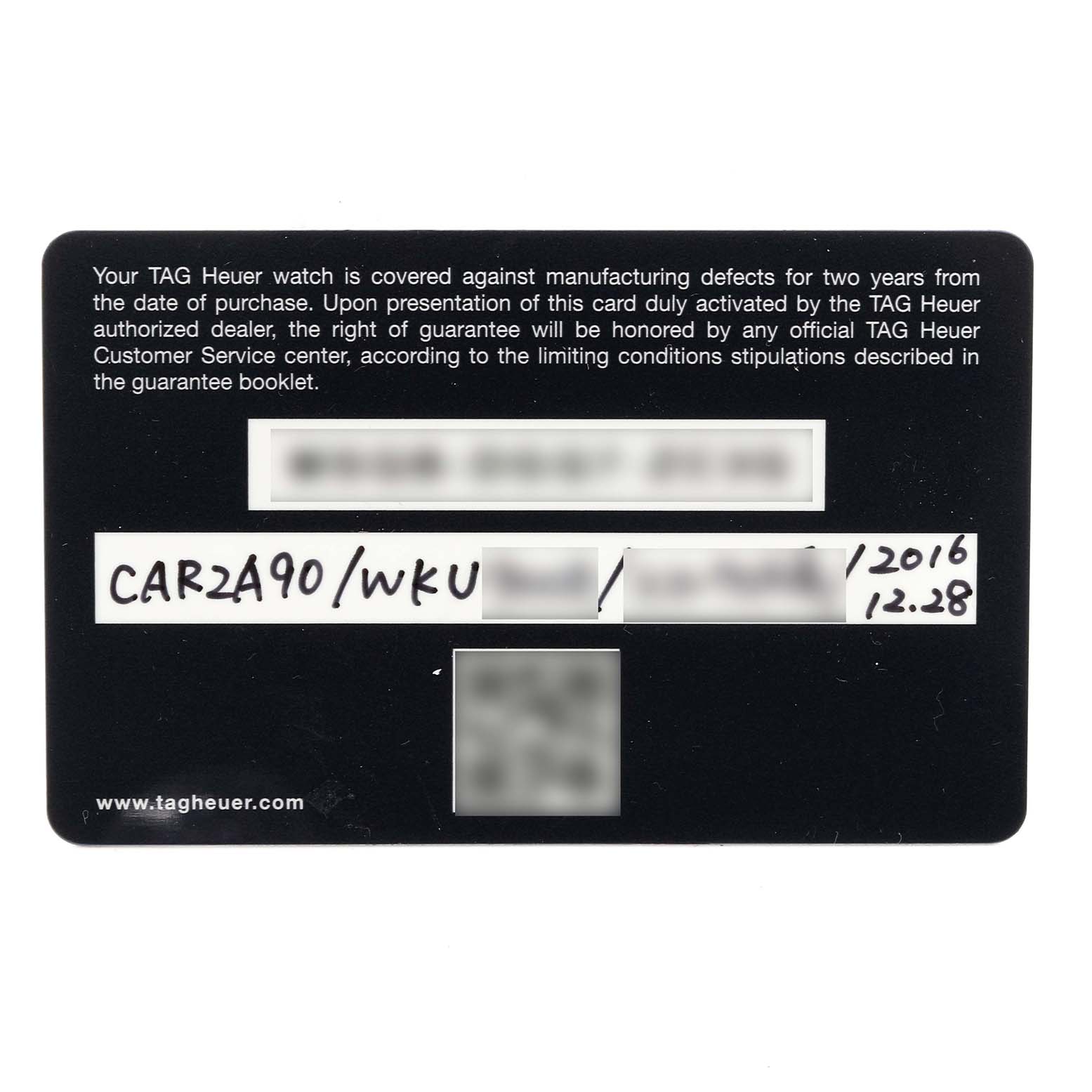 The image shows a warranty card for the Carrera model by Tag Heuer, providing coverage and serial details.