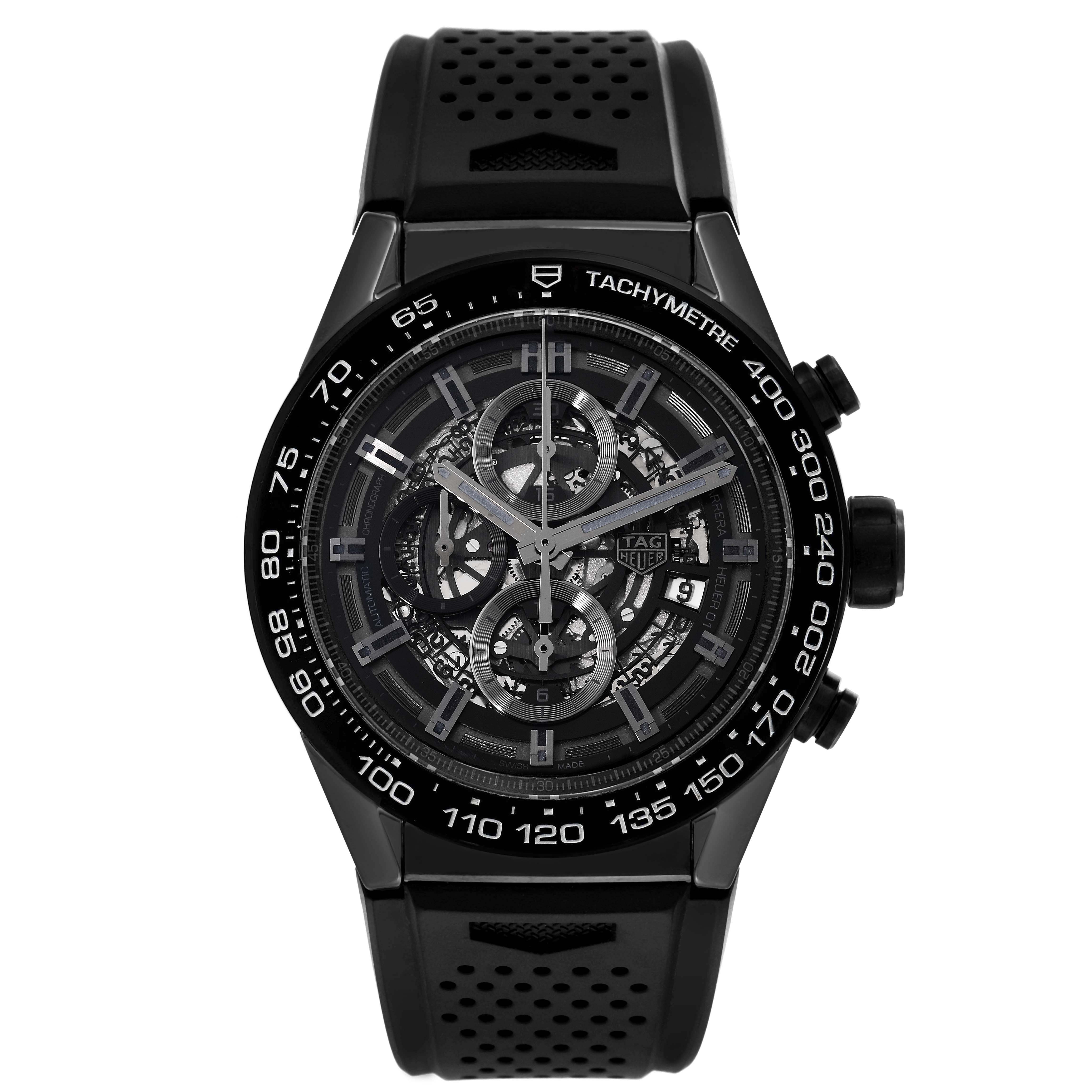 The image shows a front view of the Tag Heuer Carrera CAR2A90.FT6071 Men's Ceramic Black Dial CAR2A90.FT6071 Men's Ceramic Black Dial watch, highlighting its black dial, strap, and tachymeter scale.