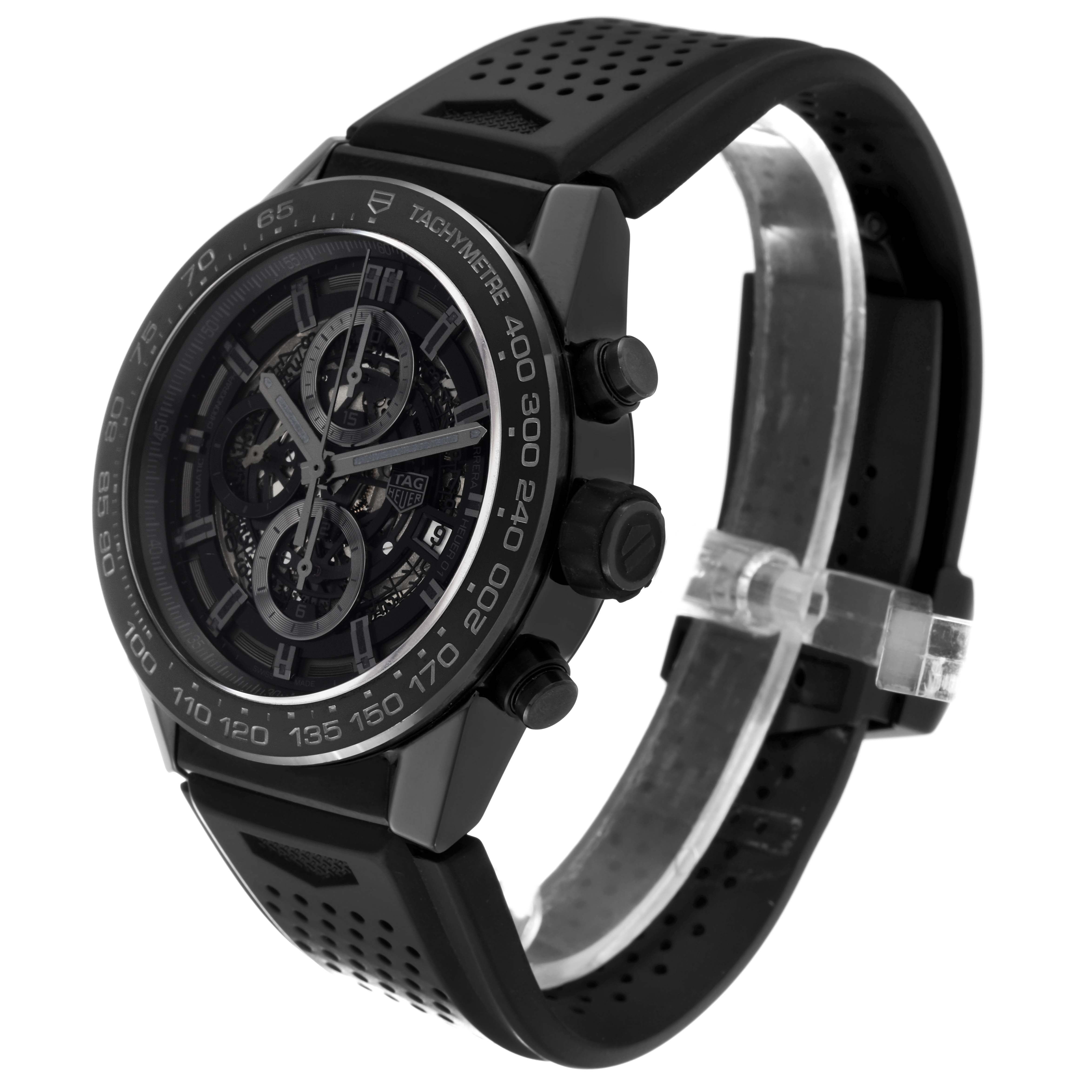 The Tag Heuer Carrera CAR2A90.FT6071 Men's Ceramic Black Dial CAR2A90.FT6071 Men's Ceramic Black Dial model watch is shown at a slight angle, displaying the face, bezel, and part of the band.