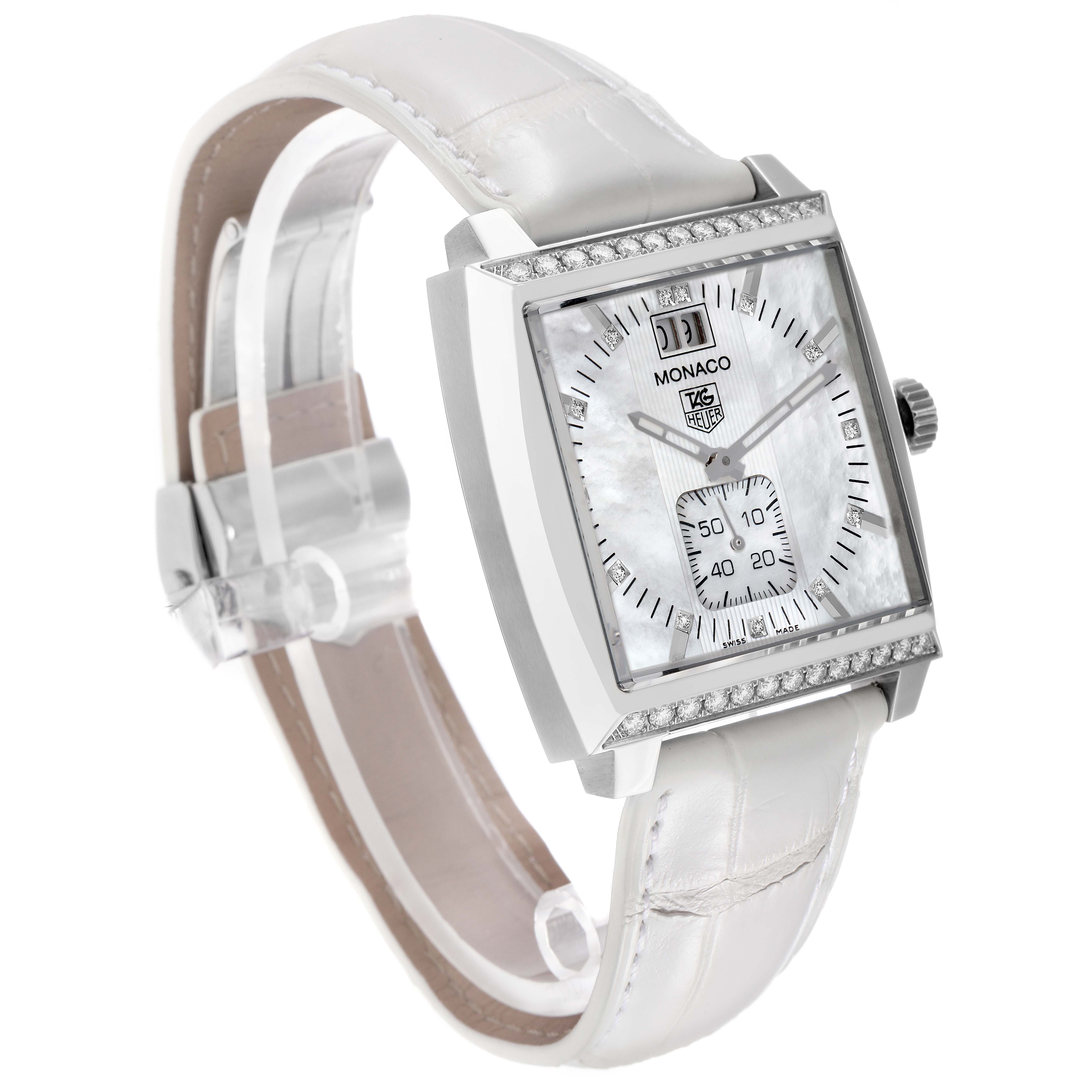 The image shows a side angle of the Tag Heuer Monaco model WAW1313.FC6247, highlighting the face, case, crown, and part of the strap.