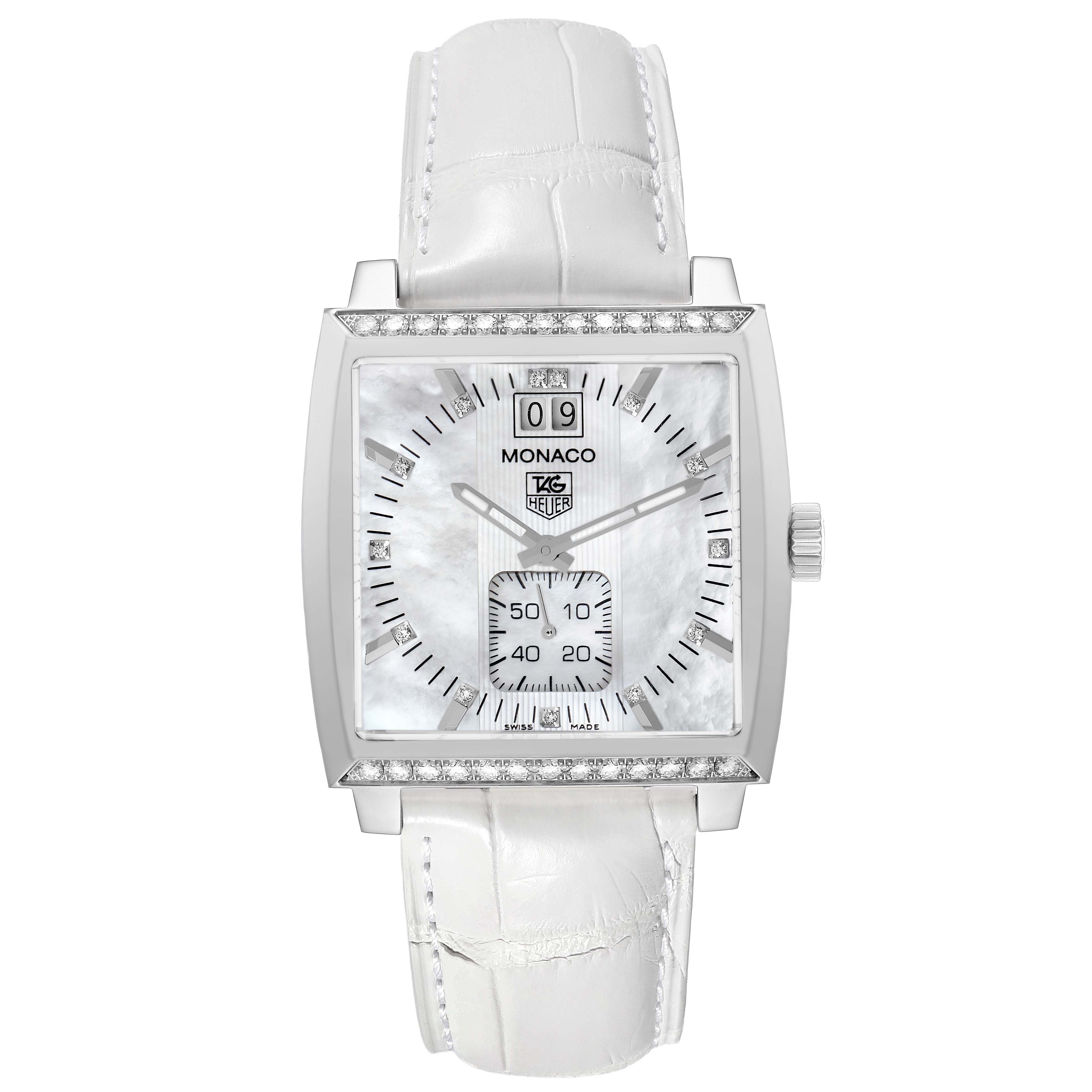 The image shows a front view of the Tag Heuer Monaco watch, model number WAW1313.FC6247, highlighting its square dial and white strap.