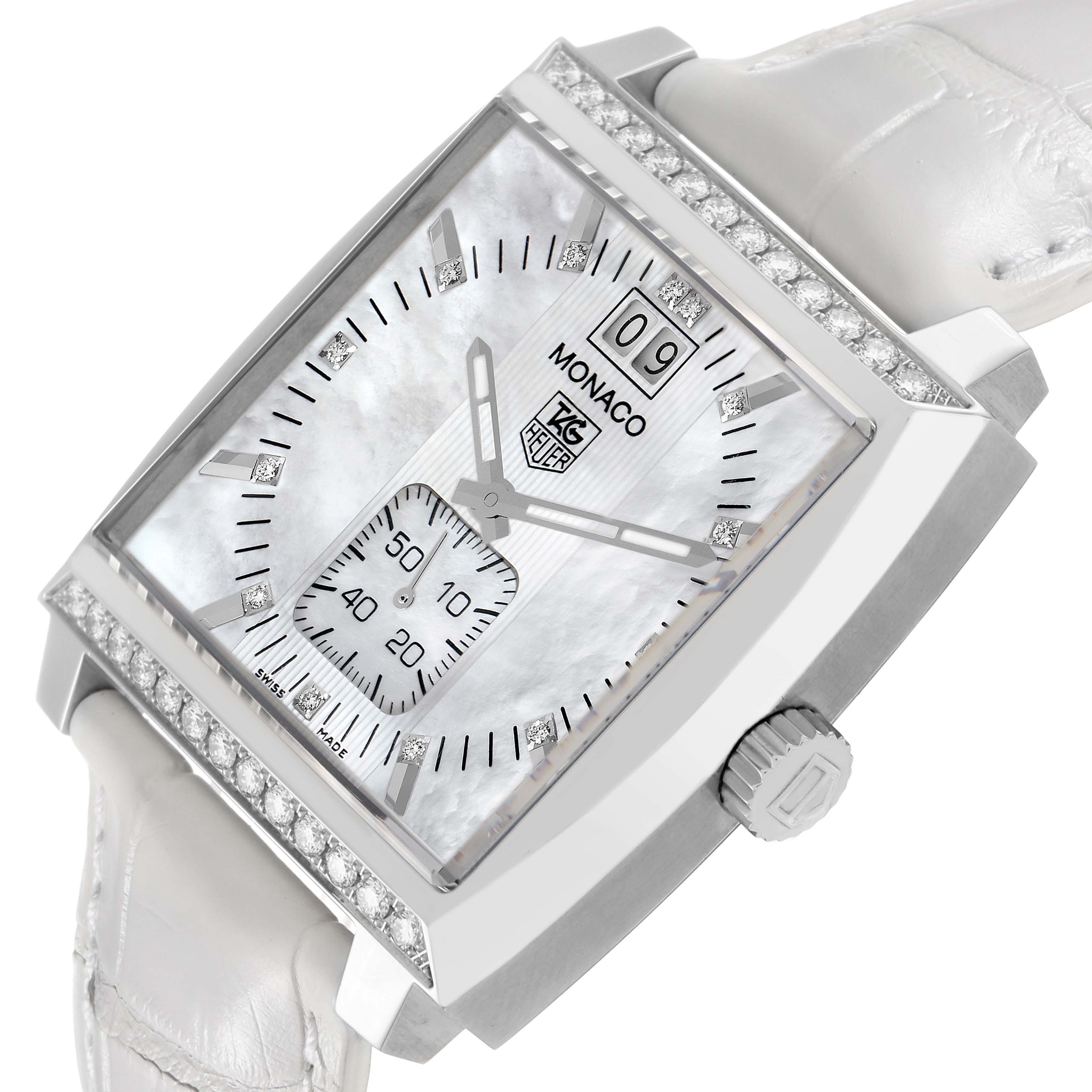 The Tag Heuer Monaco model WAW1313.FC6247 is shown at an angle highlighting its square face, diamond bezel, crown, and white leather strap.