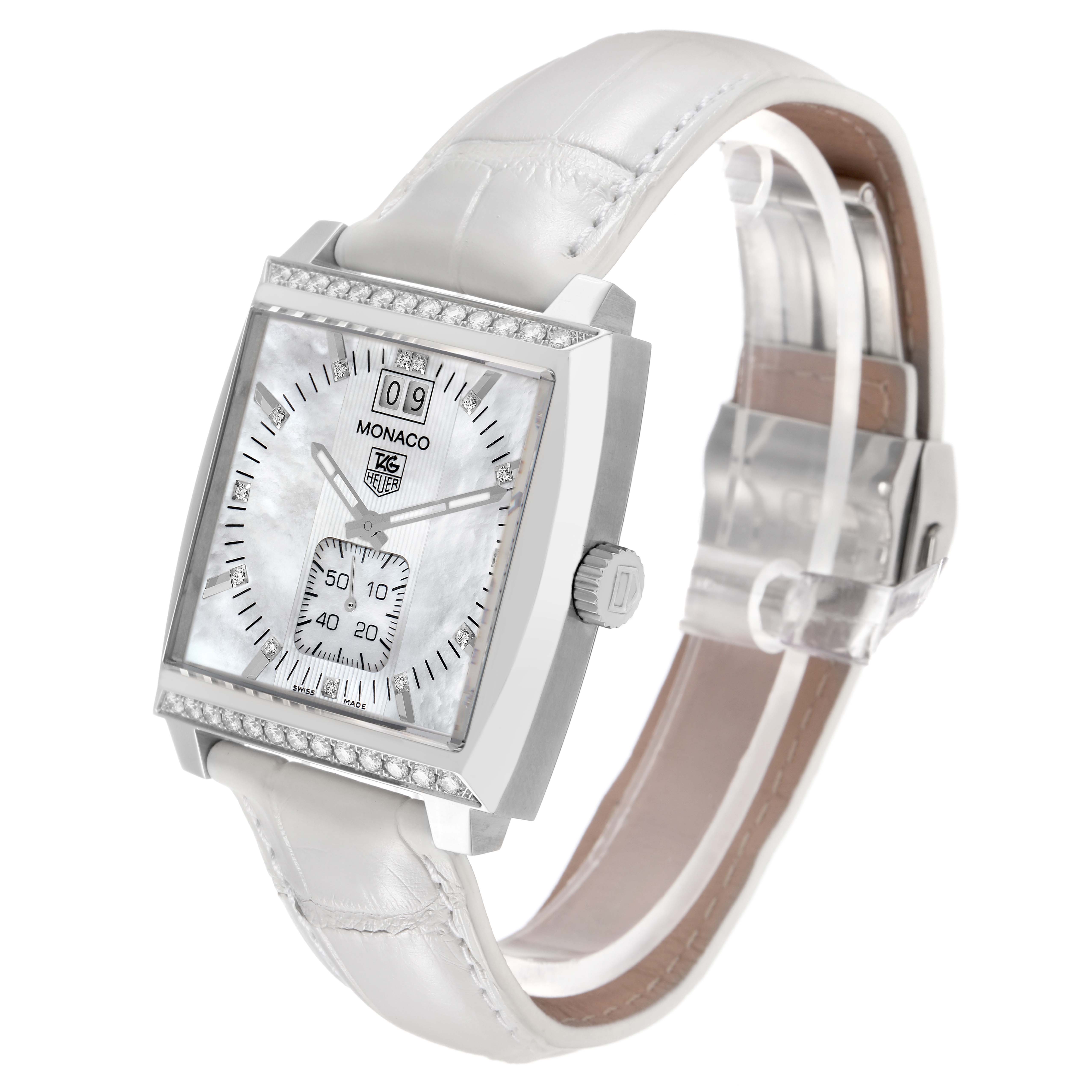 The image shows a side angle of the Tag Heuer Monaco model WAW1313.FC6247, highlighting its rectangular face, white dial, and leather strap.