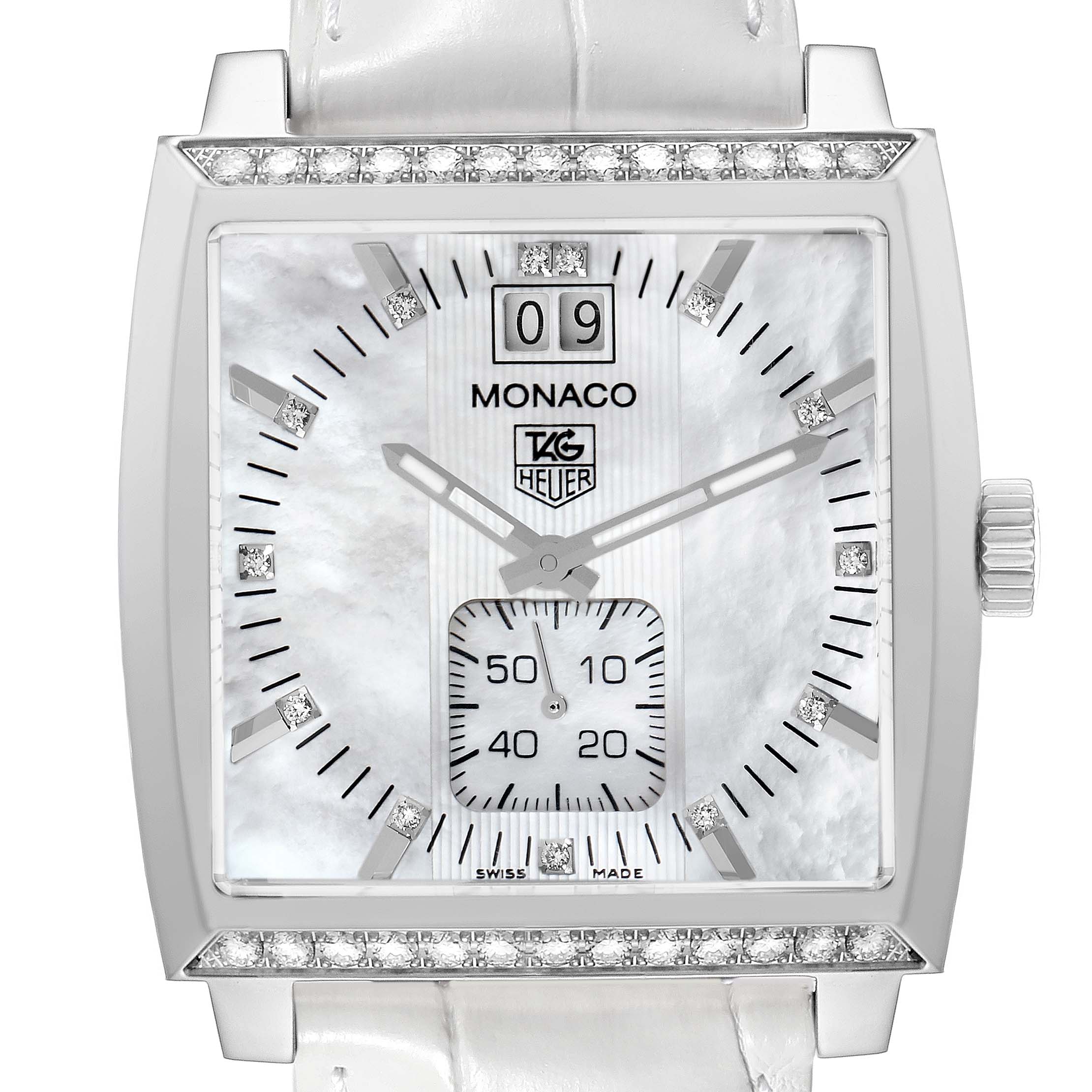 The image shows a frontal view of the Tag Heuer Monaco model WAW1313.FC6247, highlighting its square face, diamond hour markers, and sub-dial.