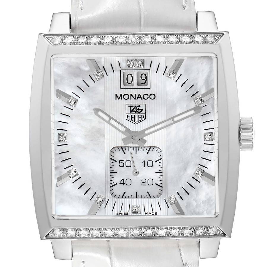 The image shows a frontal view of the Tag Heuer Monaco model WAW1313.FC6247, highlighting its square face, diamond hour markers, and sub-dial.