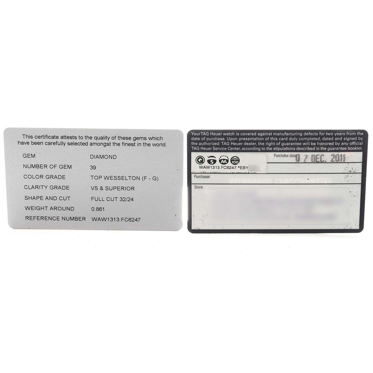 The image shows two cards related to the Tag Heuer Monaco model, model number WAW1313.FC6247, detailing gem quality and warranty information.