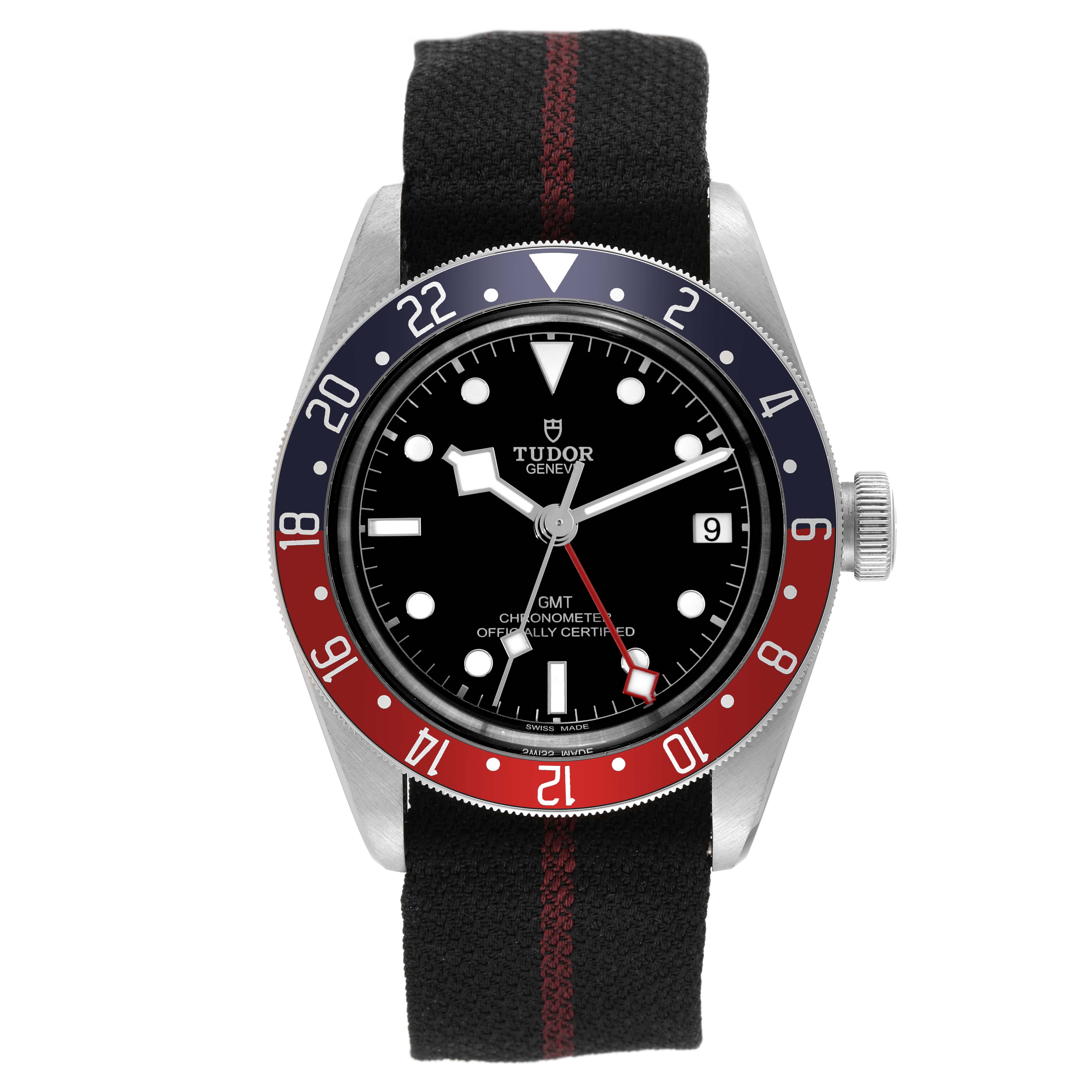 The image shows a Tudor Heritage Black Bay 79830RB Men's Stainless Steel Black Dial 79830RB Men's Stainless Steel Black Dial watch from the front, highlighting the bezel, dial, and fabric strap.