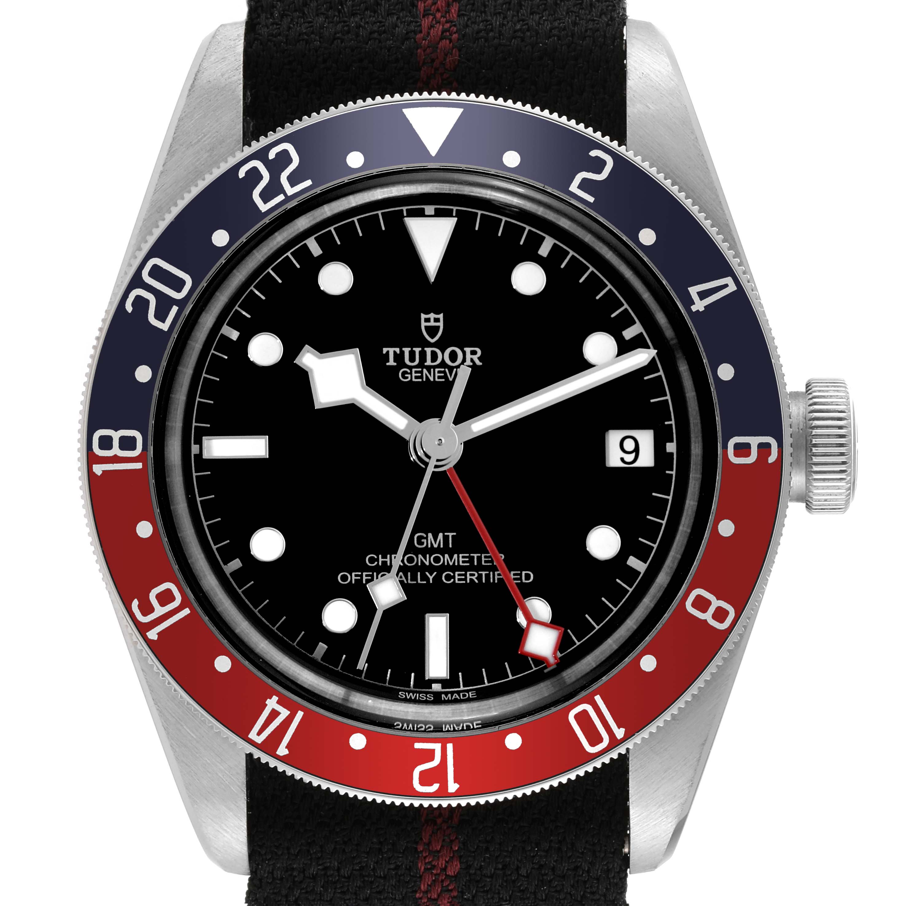 This Tudor Heritage Black Bay 79830RB Men's Stainless Steel Black Dial 79830RB Men's Stainless Steel Black Dial watch is shown from a front angle, featuring its dial, bezel, and part of its strap.