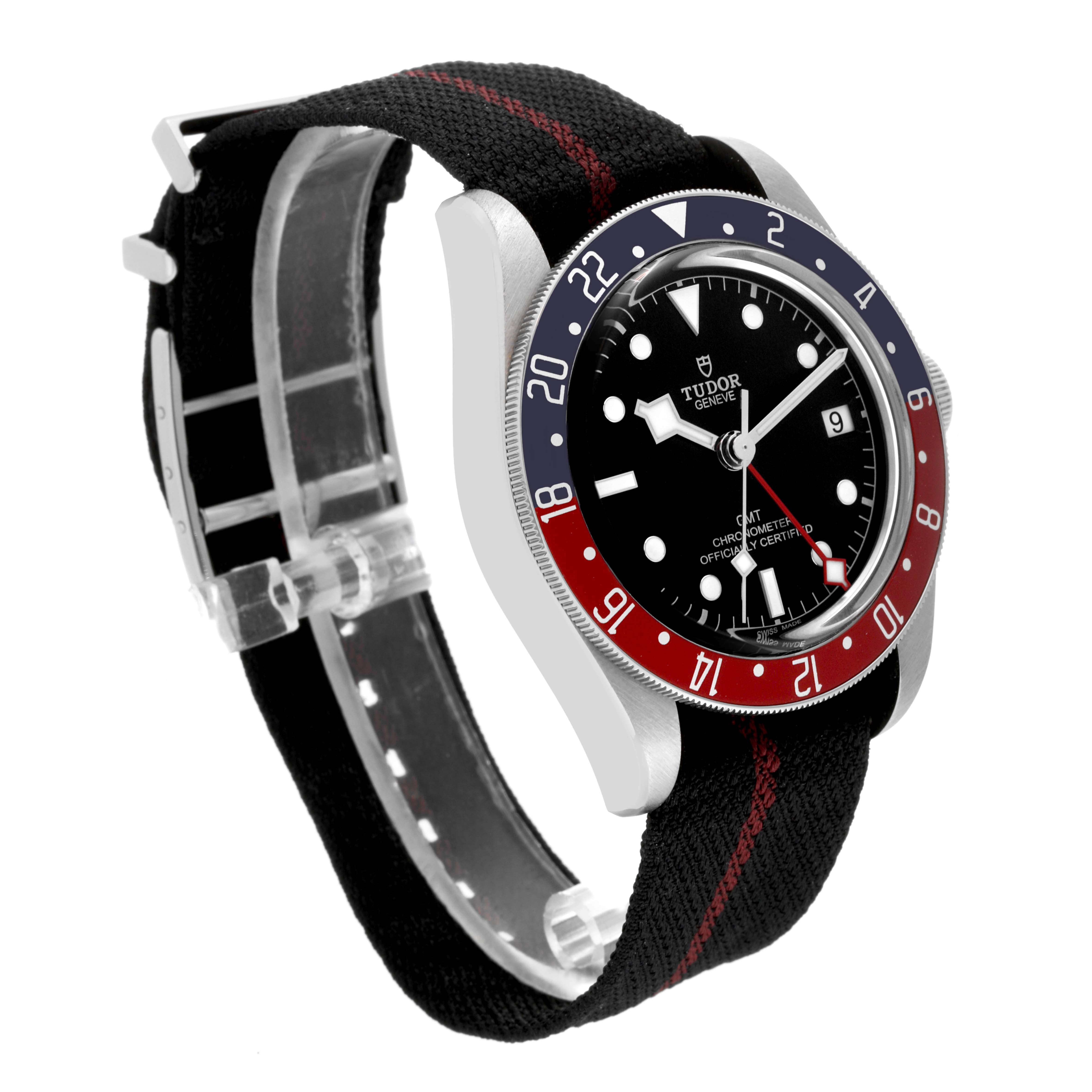 The Tudor Heritage Black Bay 79830RB Men's Stainless Steel Black Dial 79830RB Men's Stainless Steel Black Dial watch is shown at a three-quarter angle, highlighting the face, bezel, and strap.