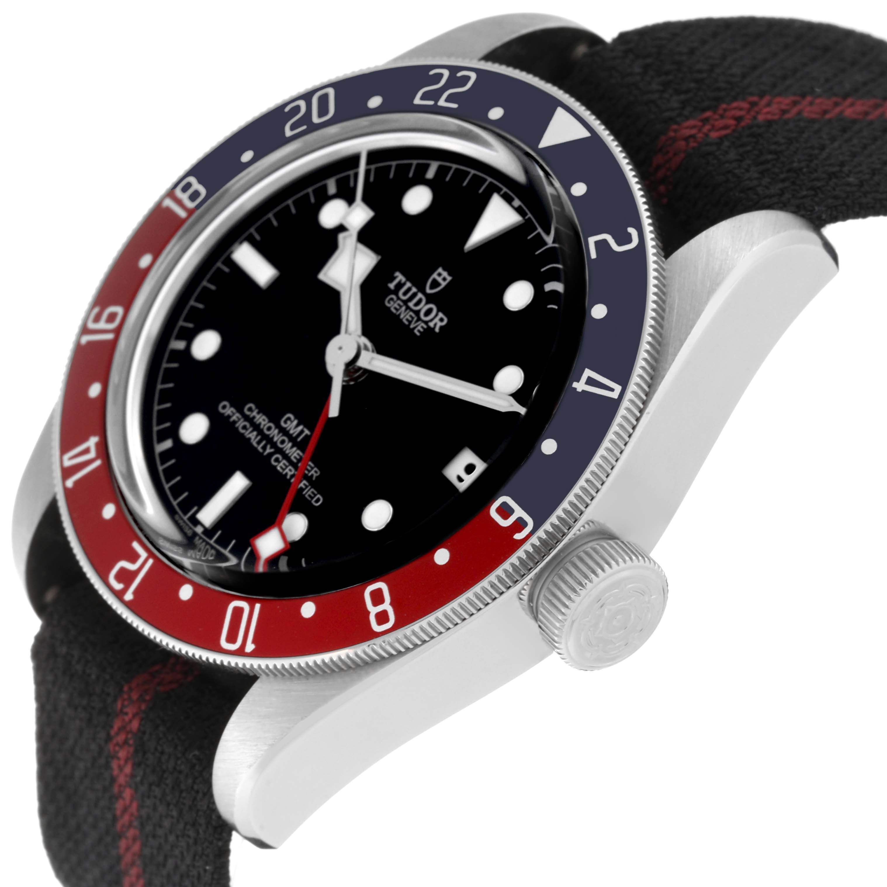 The image shows the Tudor Heritage Black Bay 79830RB Men's Stainless Steel Black Dial 79830RB Men's Stainless Steel Black Dial watch from a side angle, highlighting its bezel, dial, and crown.