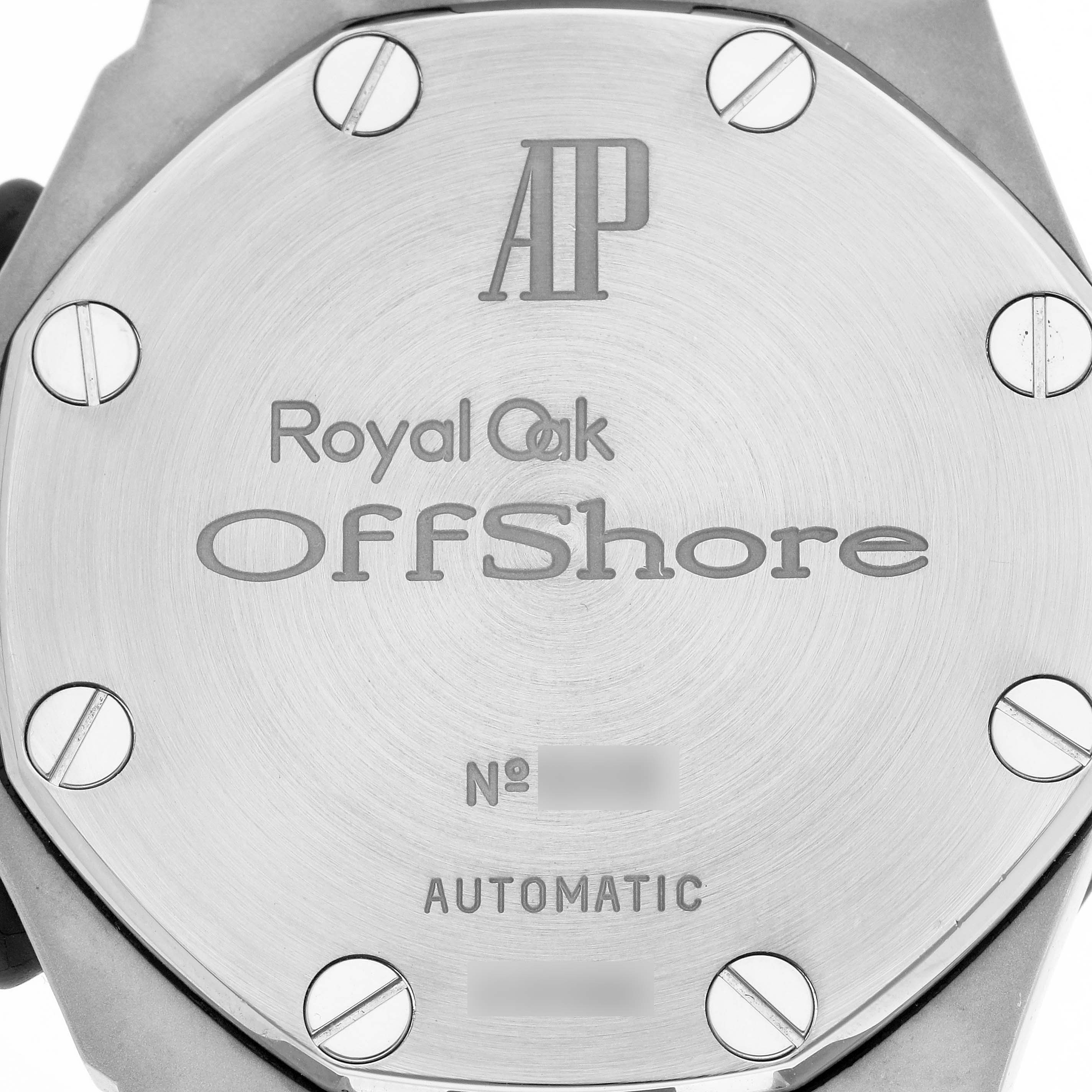 The image shows the case back of an Audemars Piguet Royal Oak Offshore model 25721ST men's watch, highlighting the branding, model name, and screw details.