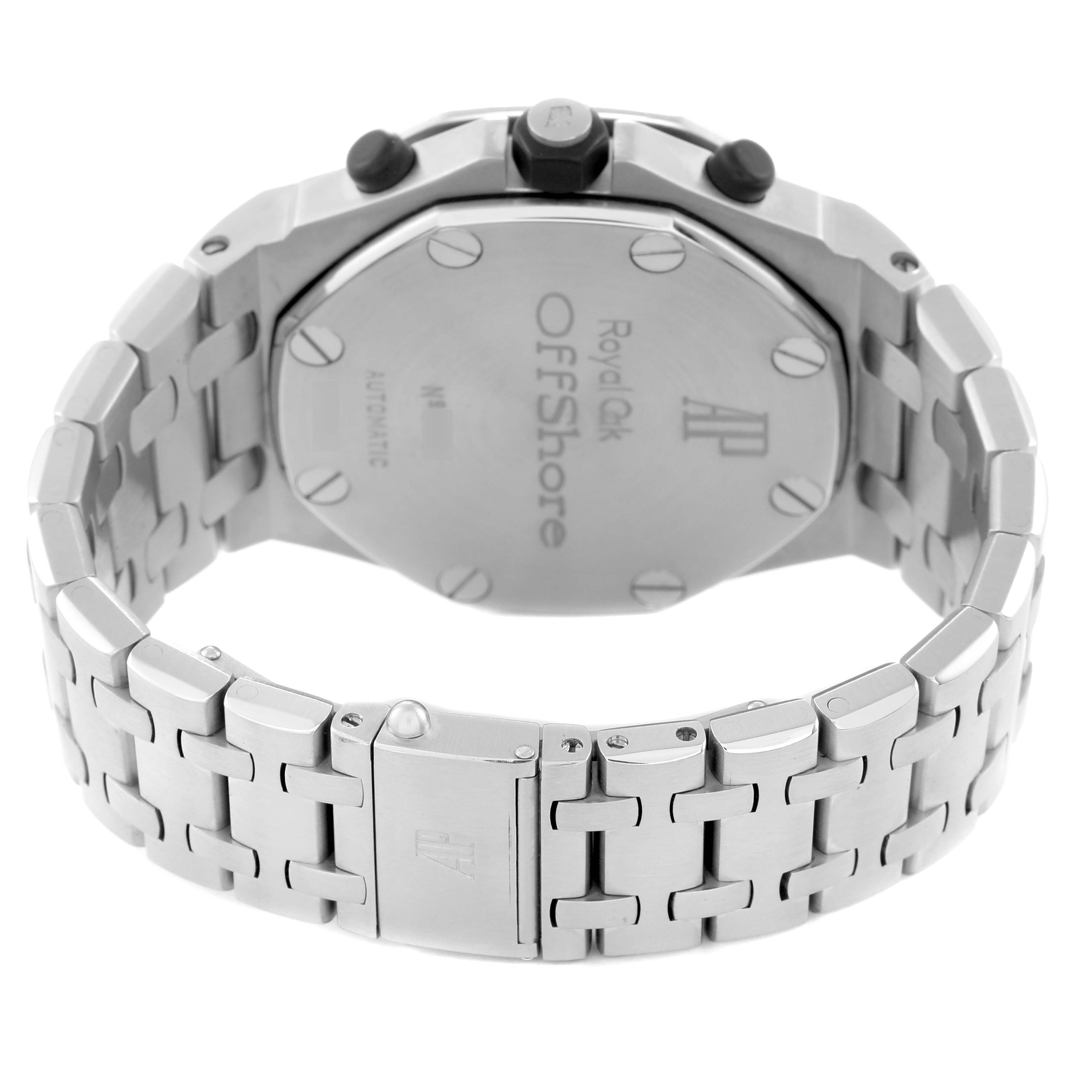 The image shows the back side of the Audemars Piguet Royal Oak Offshore model 25721ST, highlighting its case back, buttons, and bracelet.