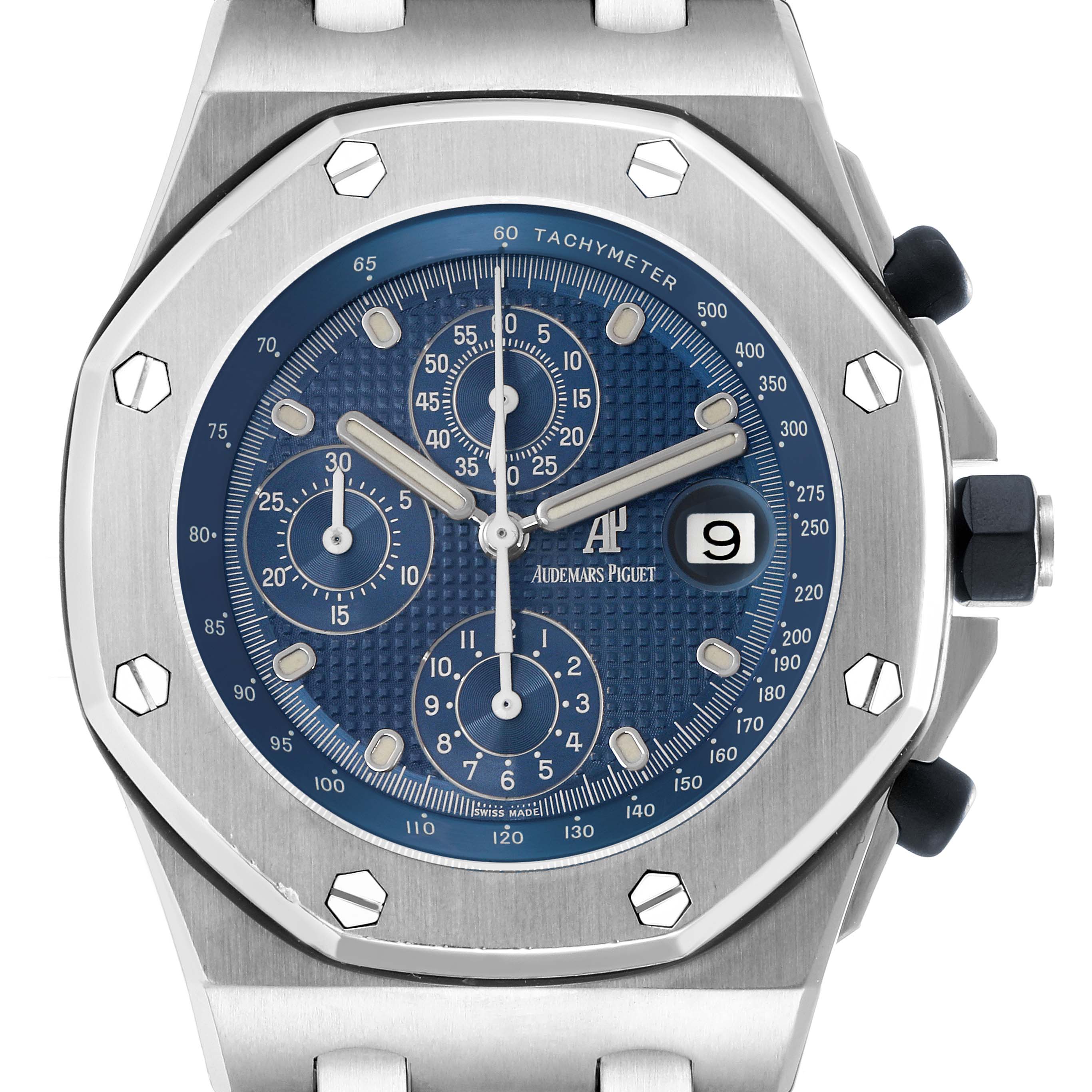 The image shows a front view of the Audemars Piguet Royal Oak Offshore model 25721ST, displaying the dial, bezel, and chronograph sub-dials.