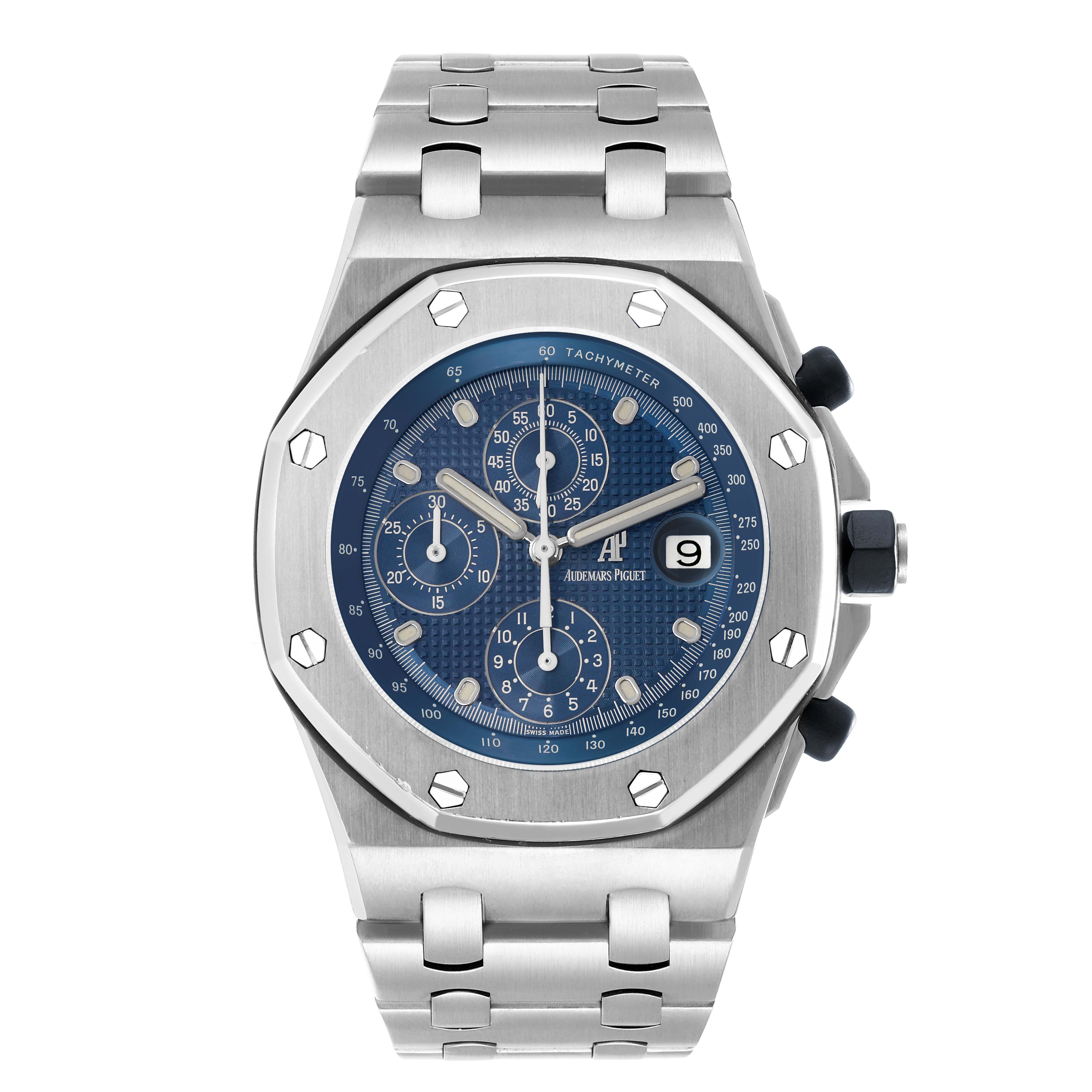 The image shows a front view of the Audemars Piguet Royal Oak Offshore Model 25721ST men's watch, featuring its blue dial, bezel, and bracelet.