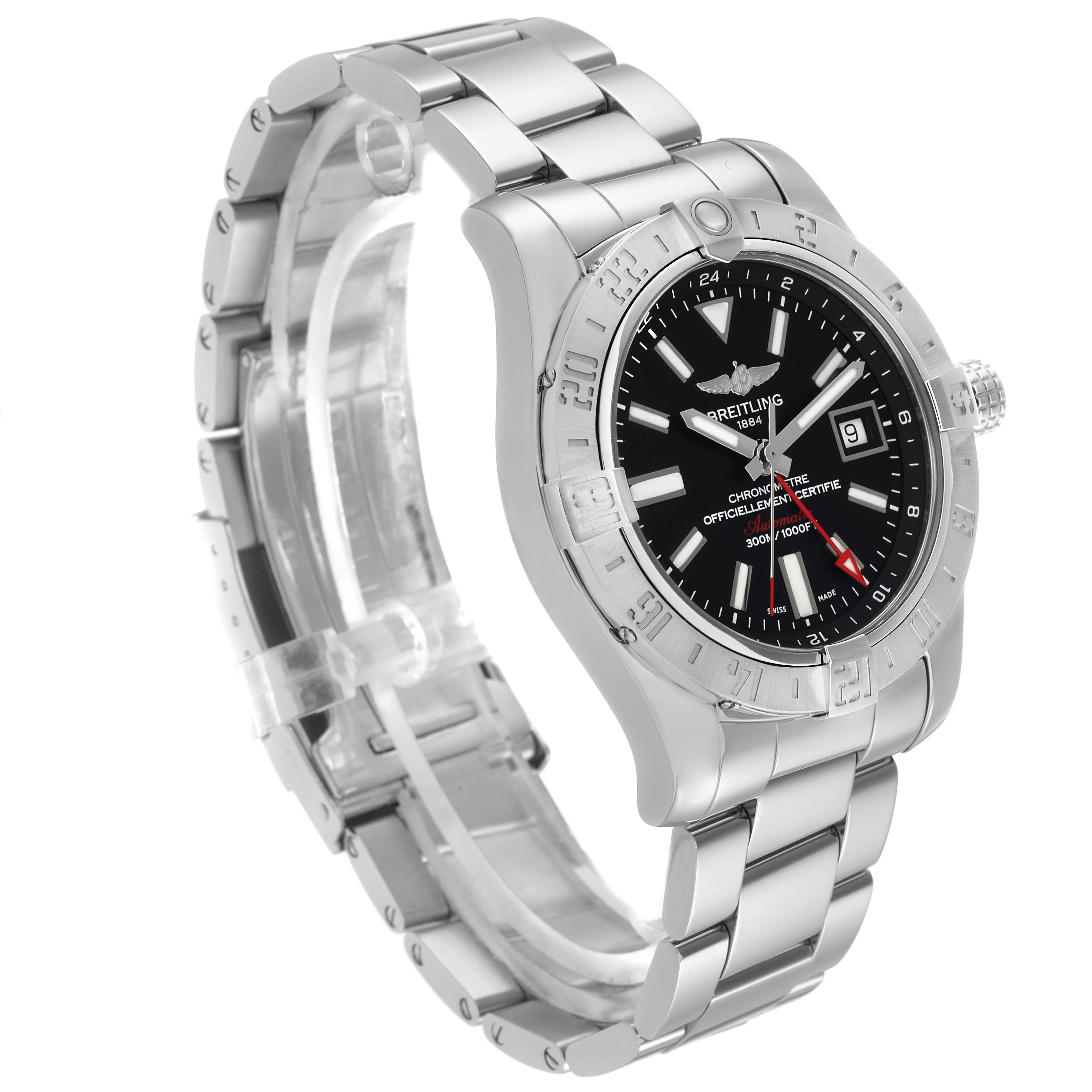 The Breitling Avenger A32390 men's watch is shown at a three-quarter angle, highlighting the stainless steel bracelet, bezel, and black dial with date display.