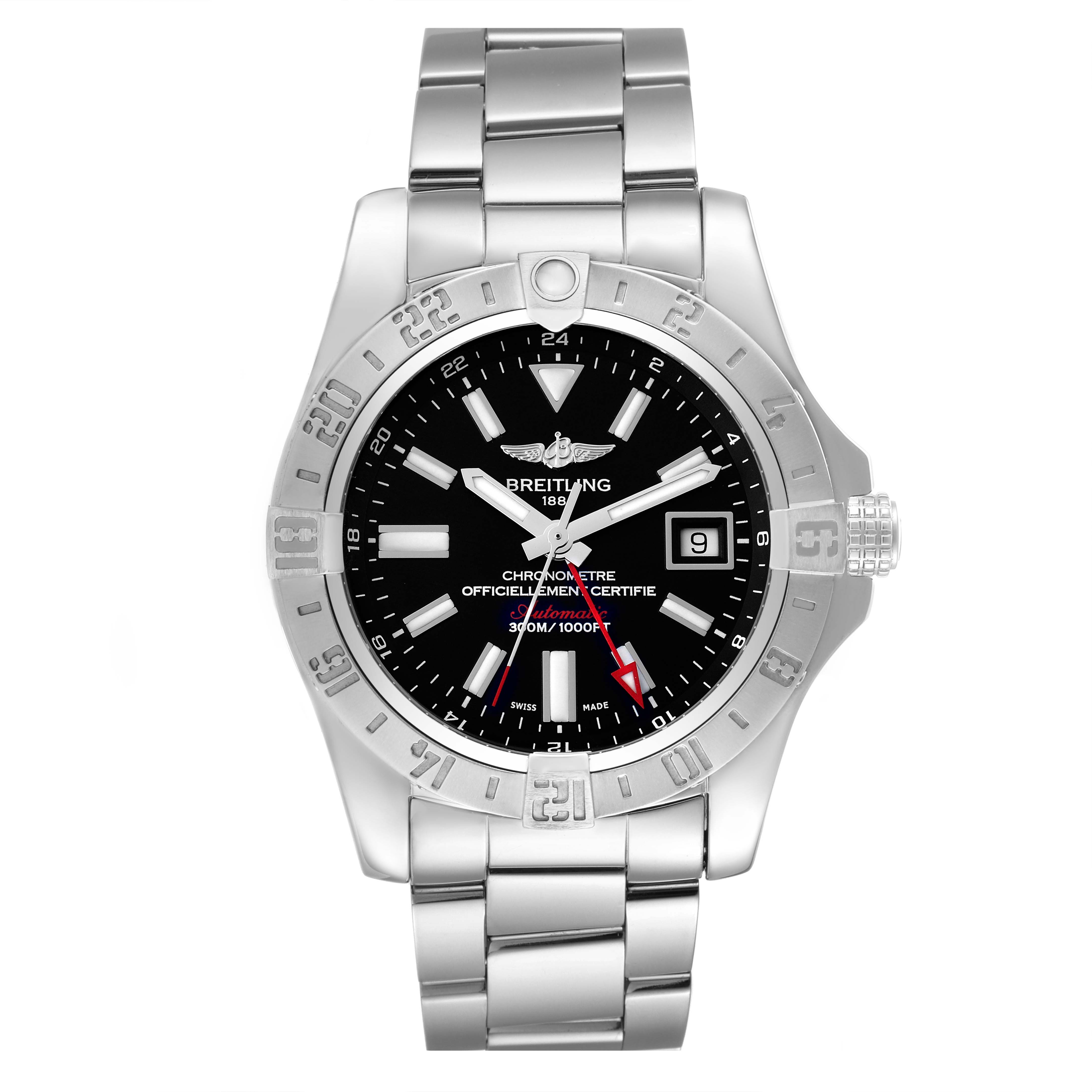 The Breitling Avenger model A32390 men's watch is shown from the front, highlighting its stainless steel case, bezel, black dial, bracelet, and date display.