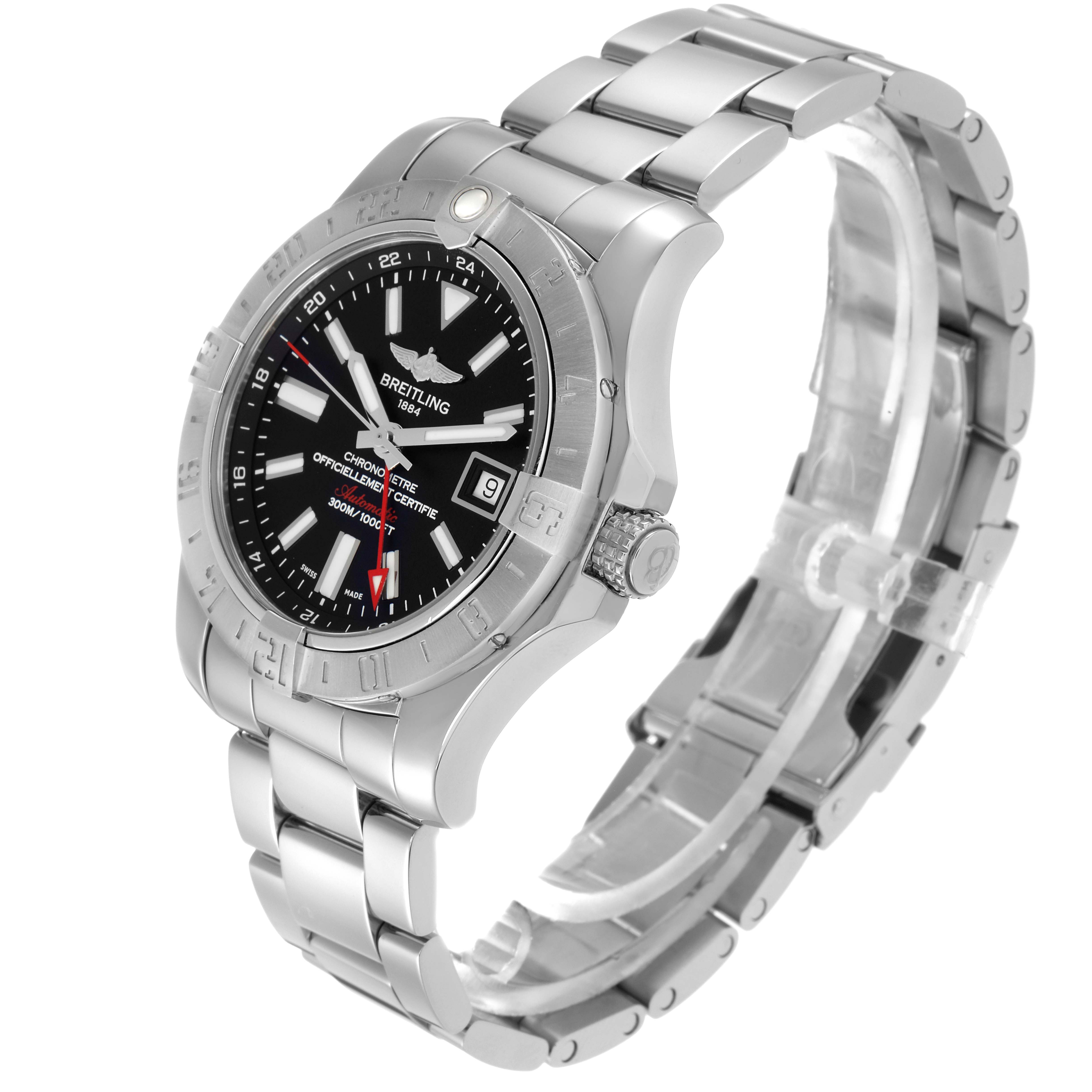 The Breitling Avenger model A32390 men's watch is shown at a three-quarter angle, displaying the bezel, dial, crown, and stainless steel bracelet.