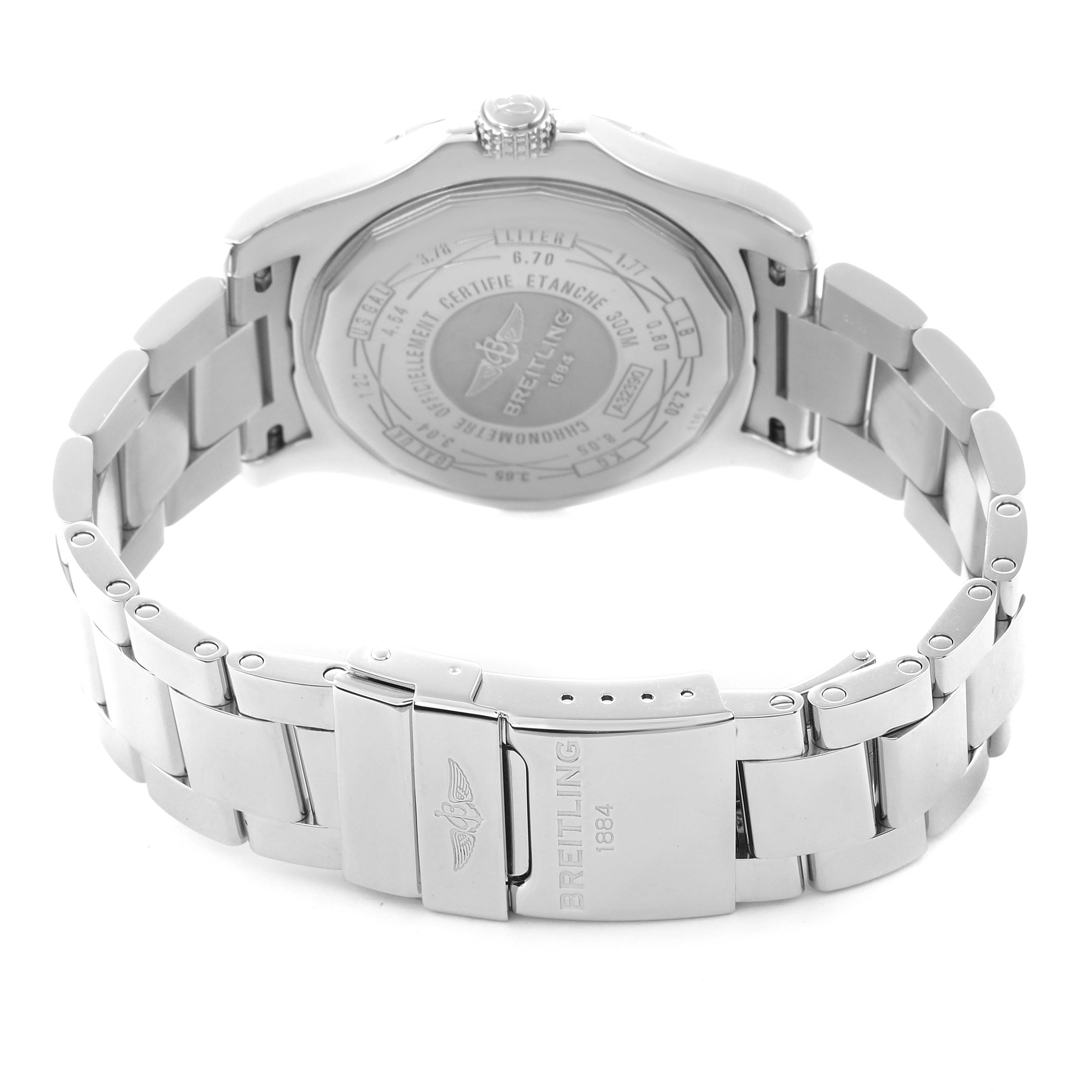 The image shows the back and bracelet of the Breitling Avenger Model A32390 men's watch, highlighting the engraved case back and clasp.