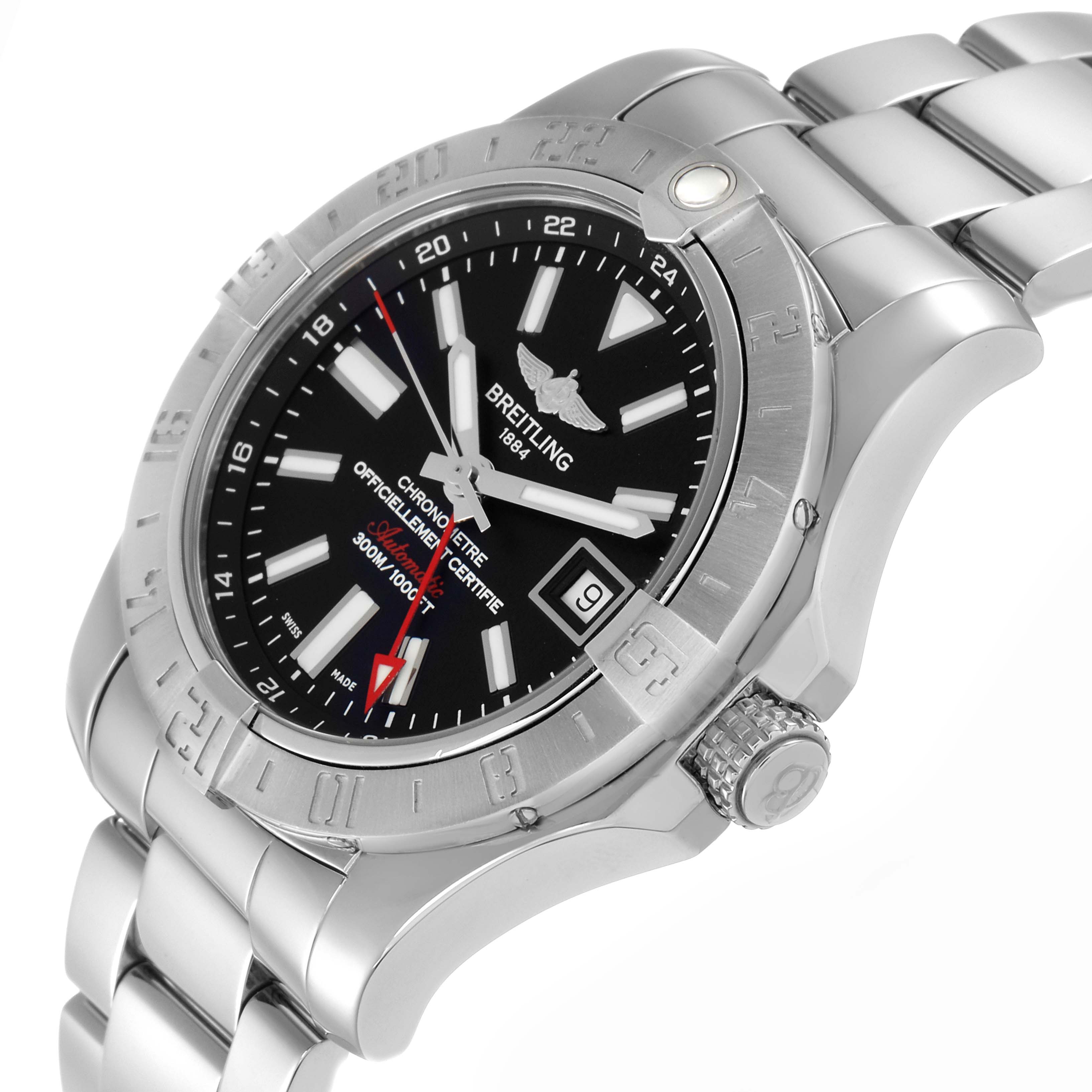 The Breitling Avenger model A32390 watch is shown at a three-quarter angle, displaying the face, bezel, bracelet, and crown.