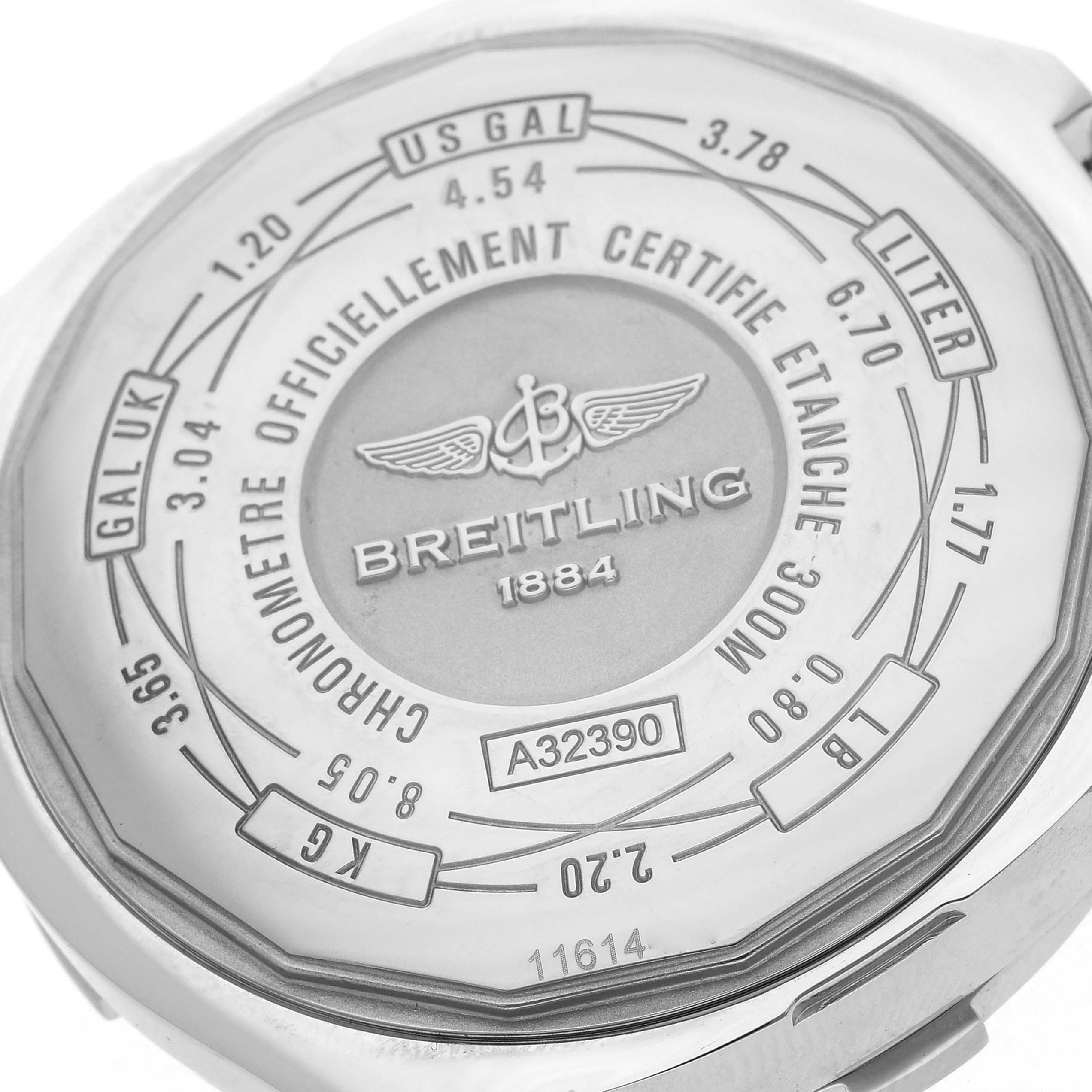The image shows the back of the Breitling Avenger model A32390 men's watch, displaying brand engravings and conversion scales for various measurements.