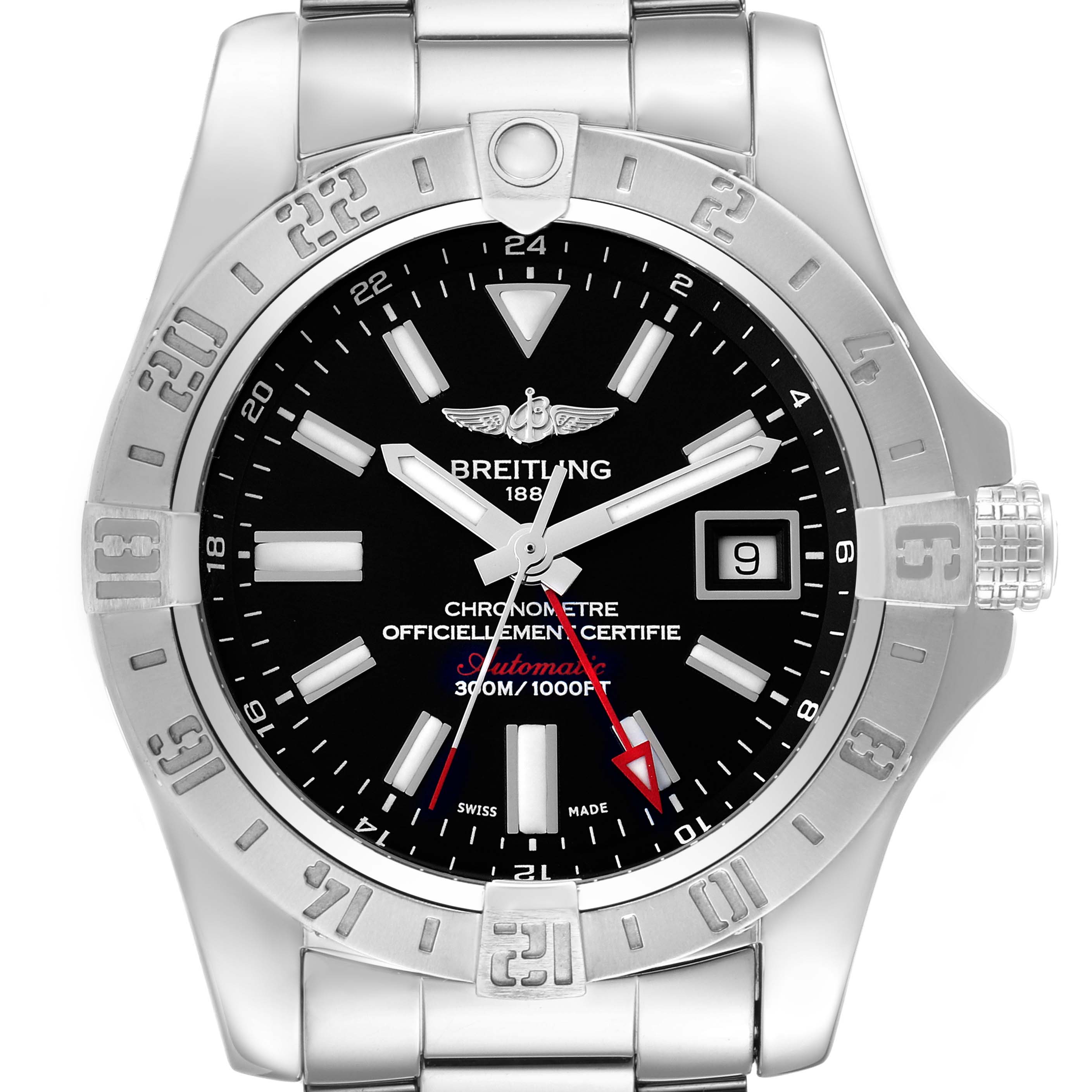 The Breitling Avenger model A32390 men's watch is shown from a front angle, highlighting the dial, bezel, hands, and part of the bracelet.
