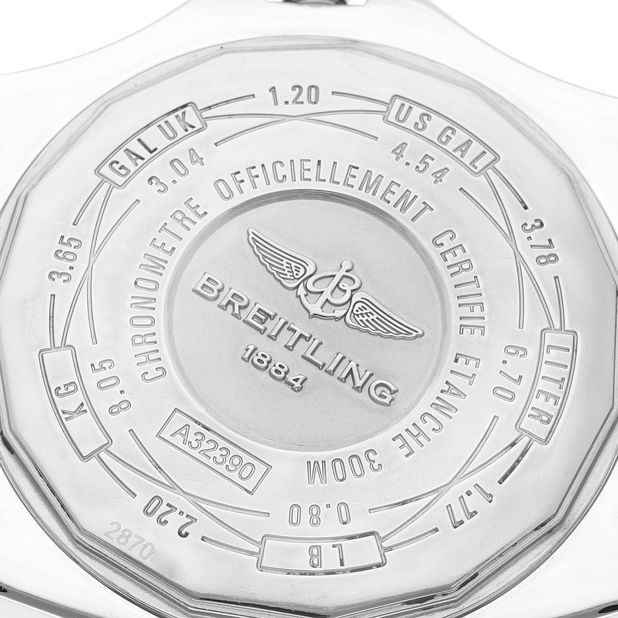This image shows the case back of a Breitling Avenger A3239011-C872-170A Men
s Stainless Steel Mother of Pearl Dial A3239011-C872-170A Men
s Stainless Steel Mother of Pearl Dial watch, featuring various unit conversions and the brand
s logo.