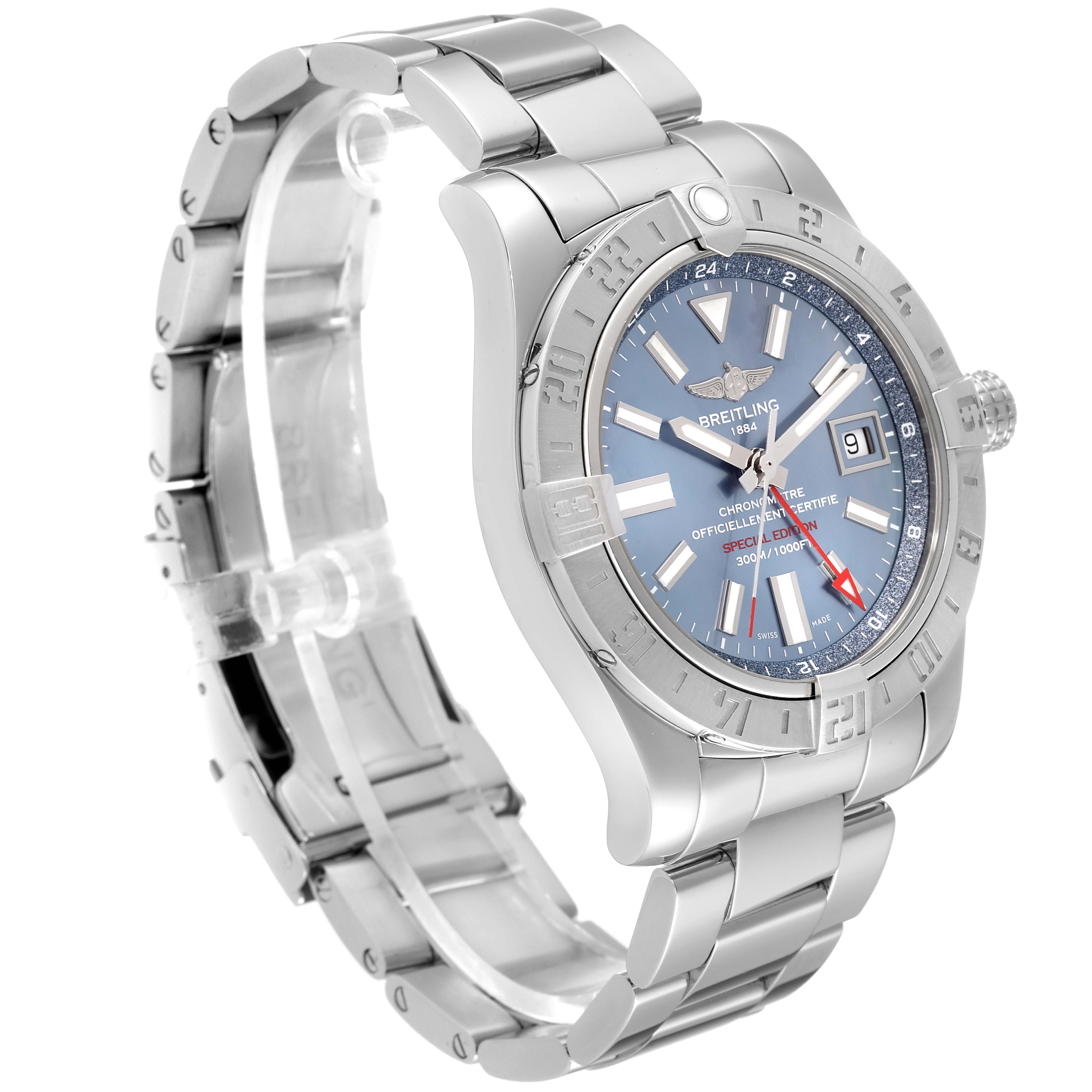 This image shows a side-angle view of a Breitling Avenger A3239011-C872-170A Men
s Stainless Steel Mother of Pearl Dial A3239011-C872-170A Men
s Stainless Steel Mother of Pearl Dial watch with its face, bezel, crown, and metal bracelet visible.