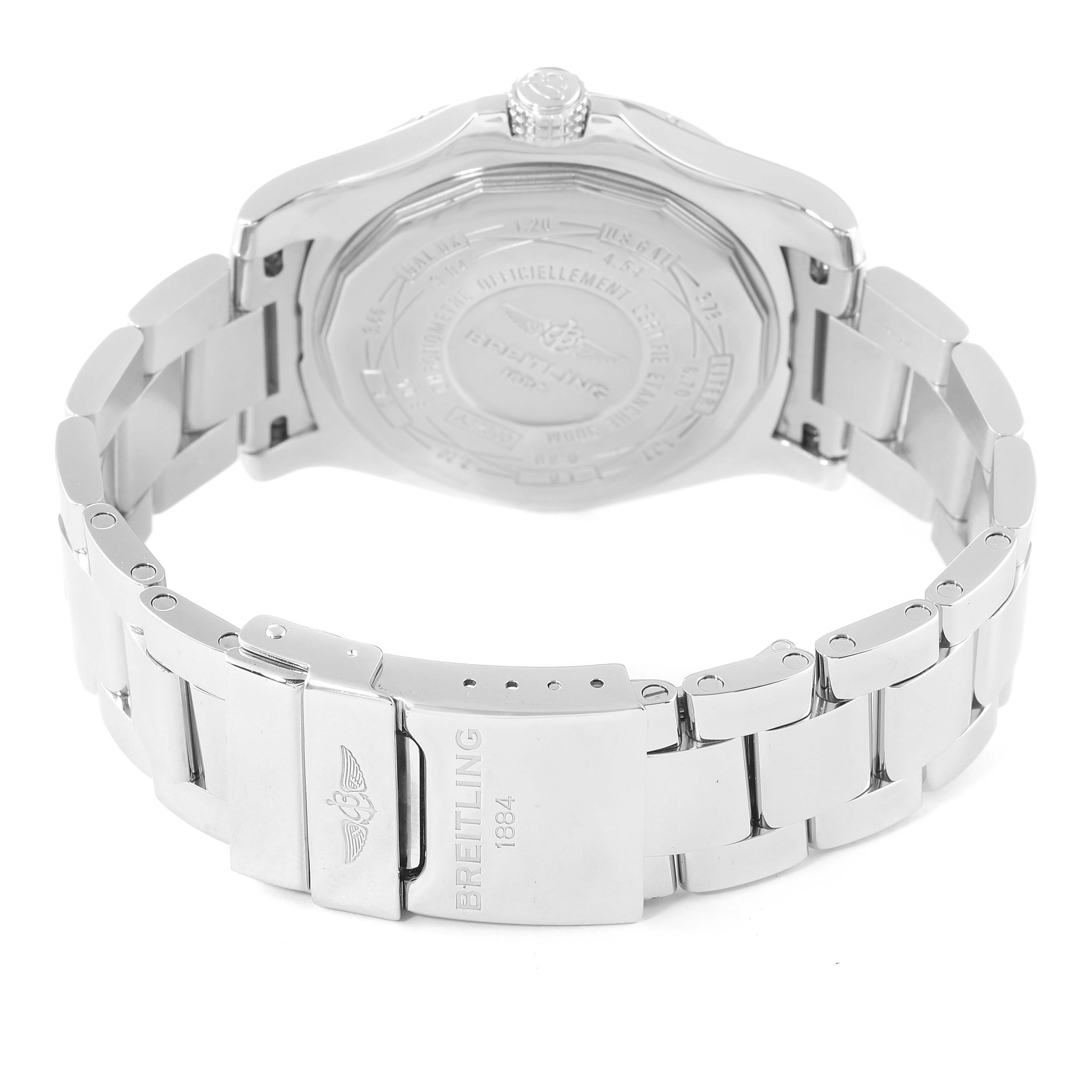 This image shows the back view of a Breitling Avenger A3239011-C872-170A Men
s Stainless Steel Mother of Pearl Dial A3239011-C872-170A Men
s Stainless Steel Mother of Pearl Dial watch, highlighting the case back, crown, and metal bracelet with the clasp.