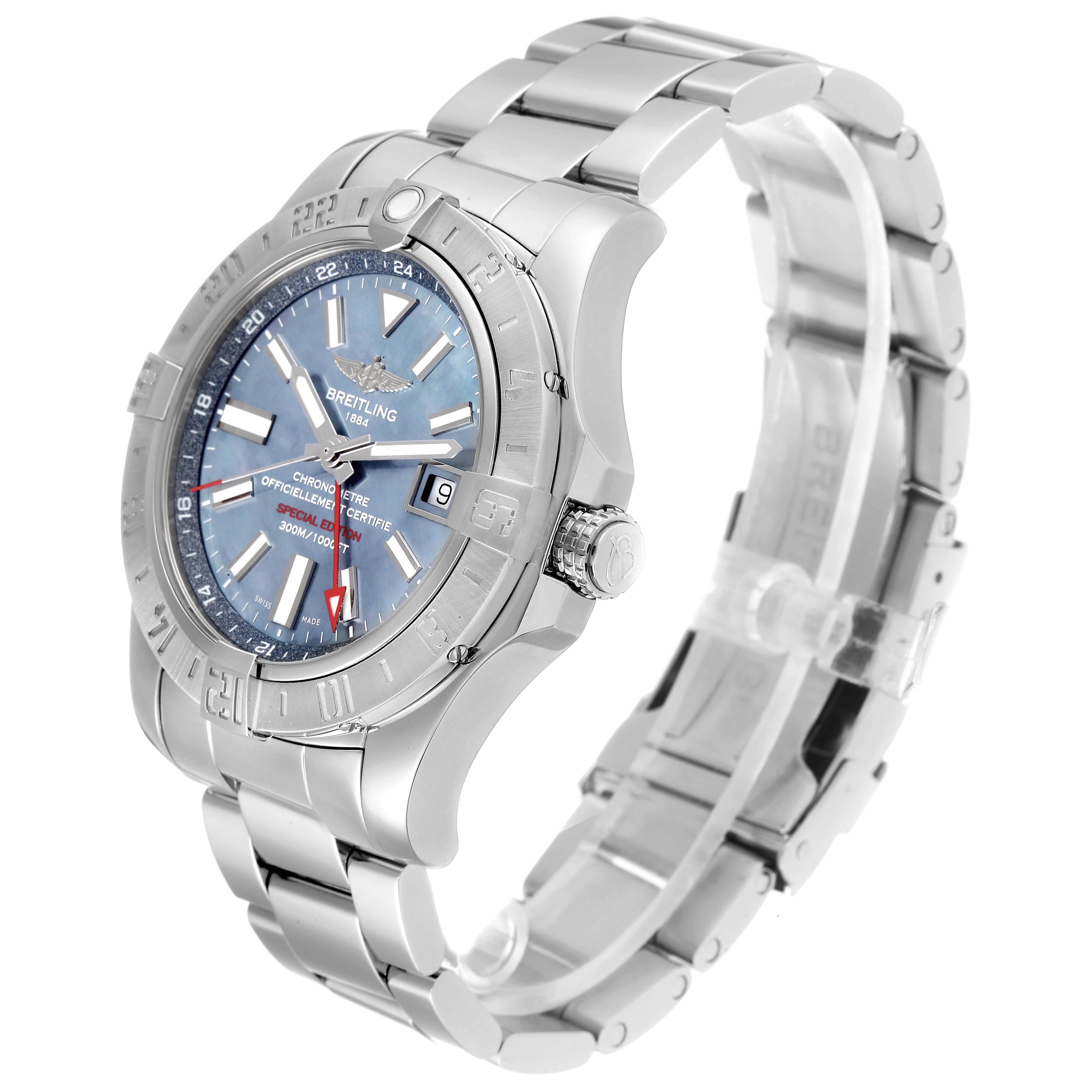 This image shows a side-view angle of the Breitling Avenger A3239011-C872-170A Men
s Stainless Steel Mother of Pearl Dial A3239011-C872-170A Men
s Stainless Steel Mother of Pearl Dial watch, highlighting the face, bezel, crown, and metal bracelet.