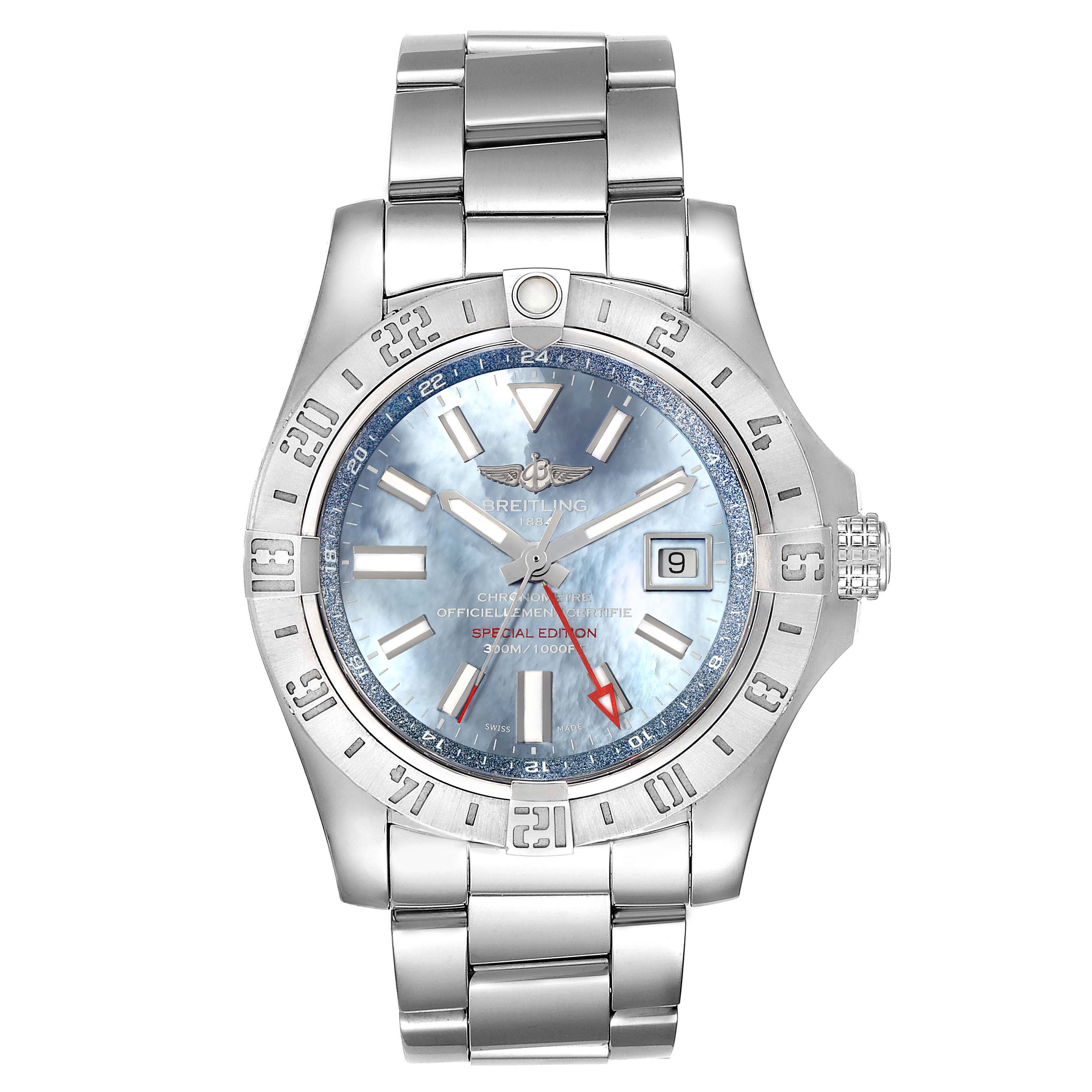 The image shows a front view of the Breitling Avenger A3239011-C872-170A Men
s Stainless Steel Mother of Pearl Dial A3239011-C872-170A Men
s Stainless Steel Mother of Pearl Dial model watch with a metal bracelet and date display.