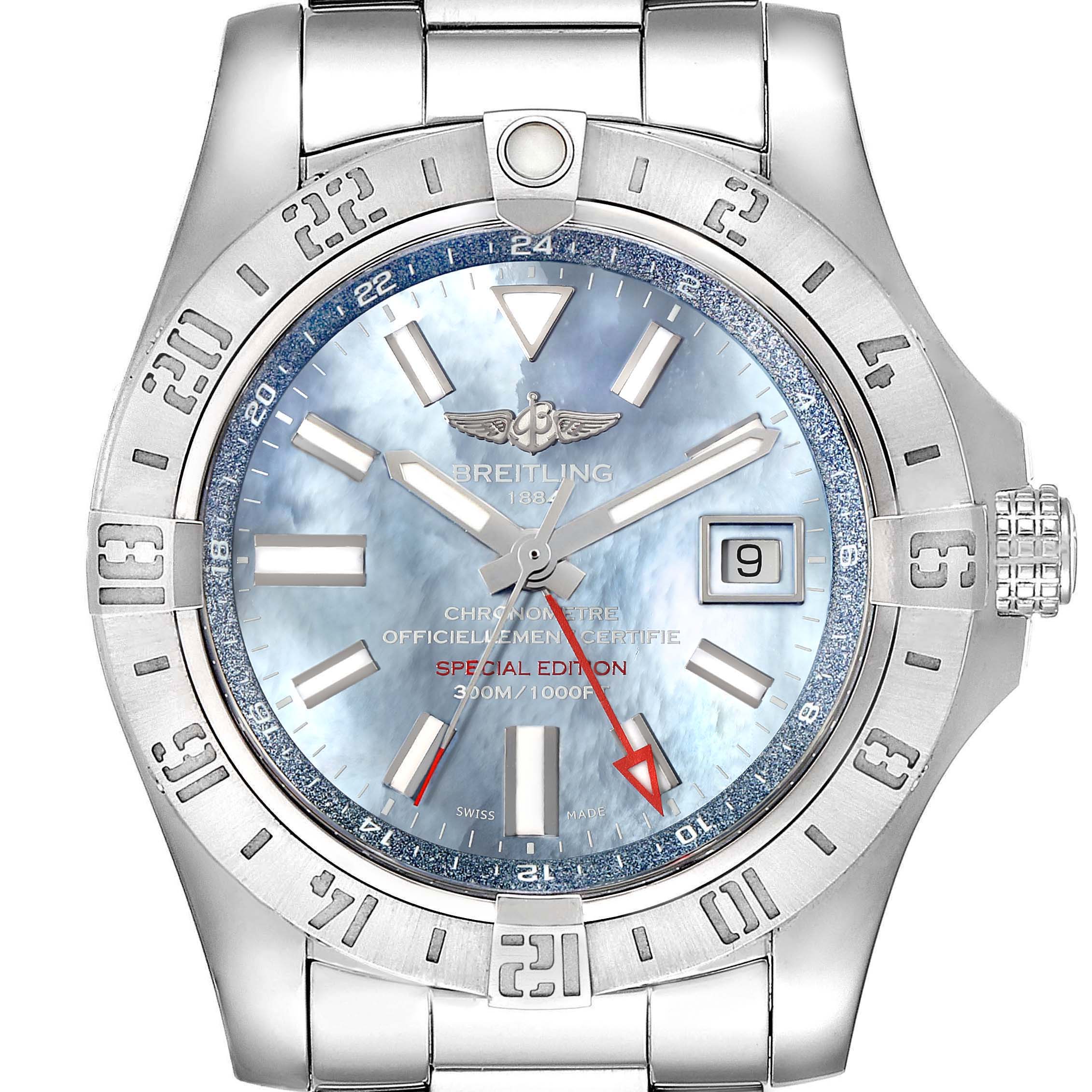 The image shows a frontal view of the Breitling Avenger A3239011-C872-170A Men
s Stainless Steel Mother of Pearl Dial A3239011-C872-170A Men
s Stainless Steel Mother of Pearl Dial model watch, highlighting the dial, case, bezel, and part of the bracelet.