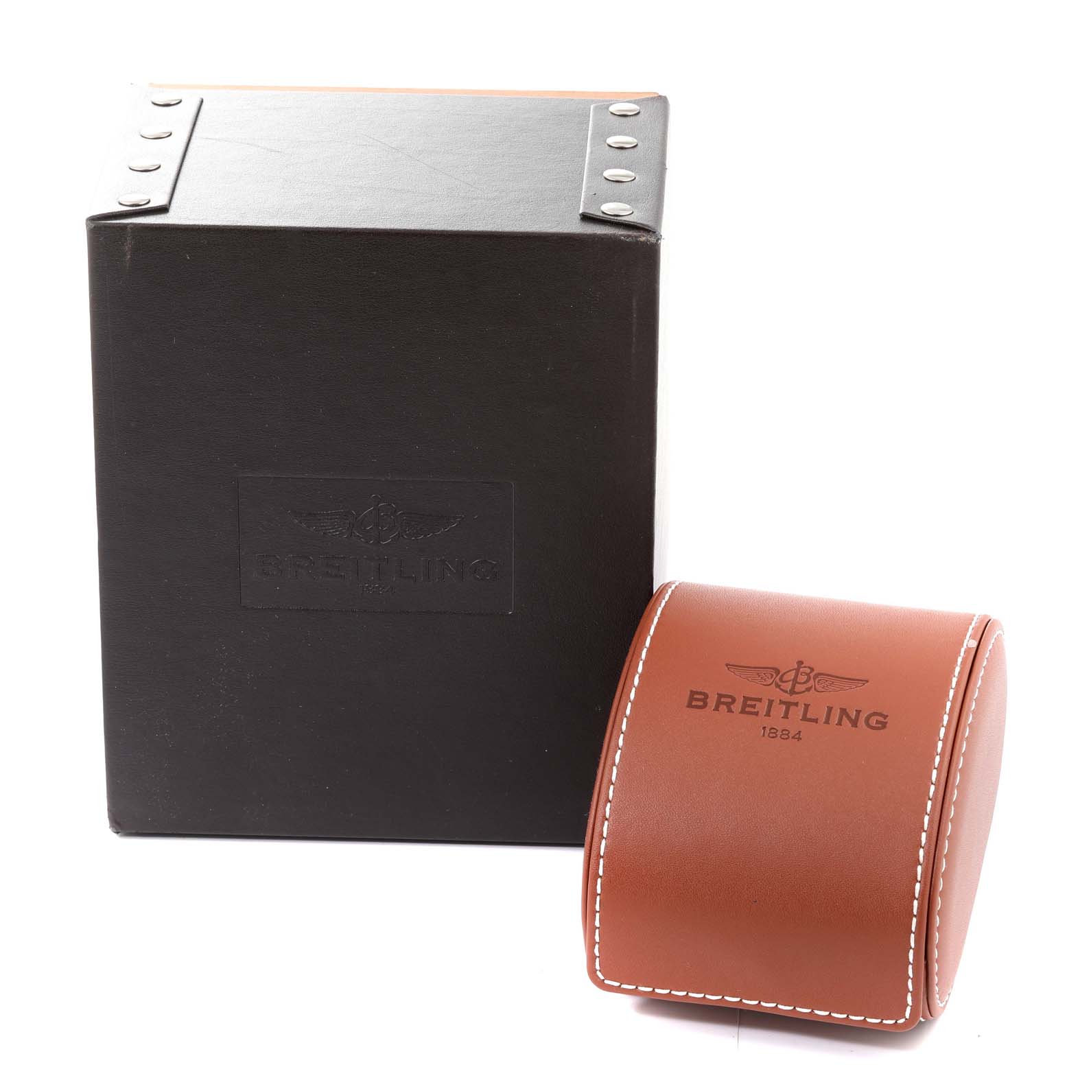 The image shows the packaging and watch case for the Breitling Avenger A3239011-C872-170A Men
s Stainless Steel Mother of Pearl Dial A3239011-C872-170A Men
s Stainless Steel Mother of Pearl Dial model, featuring a black box and a brown leather case.