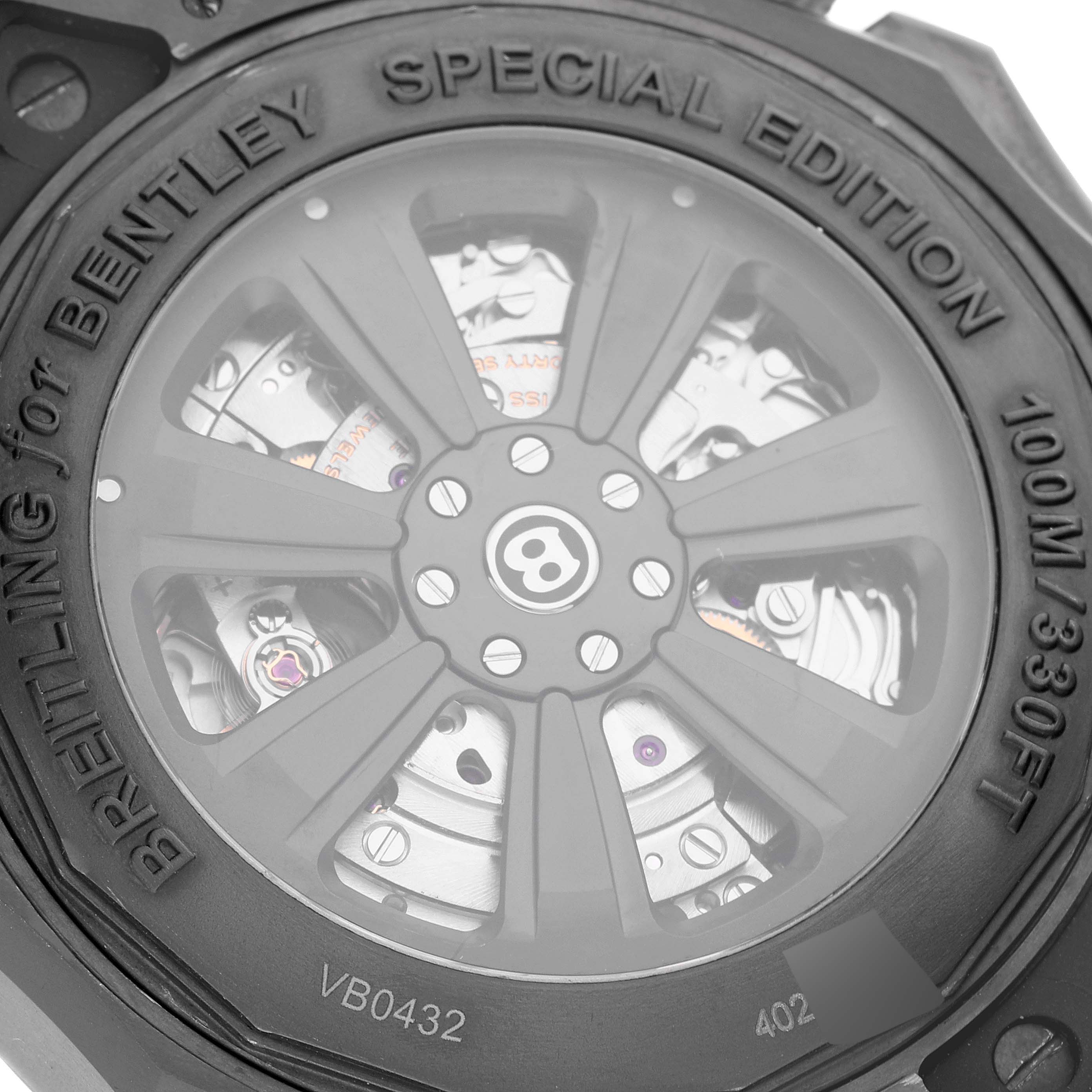 The image shows the back casing of a Breitling for Bentley watch, highlighting the rotor and movement through the transparent case back.