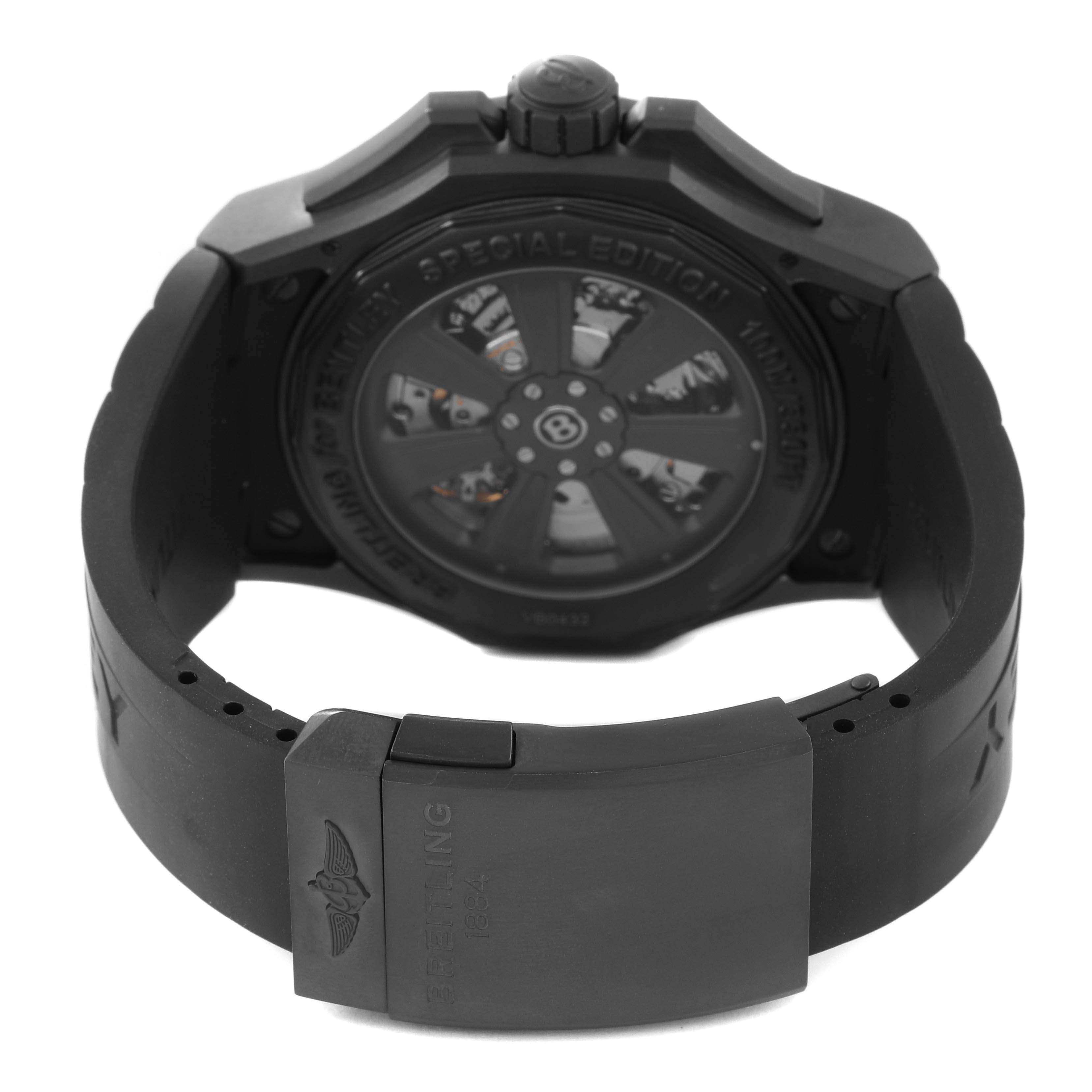 The image shows the reverse side of the watch, highlighting the back case and clasp of the Bentley model by Breitling.