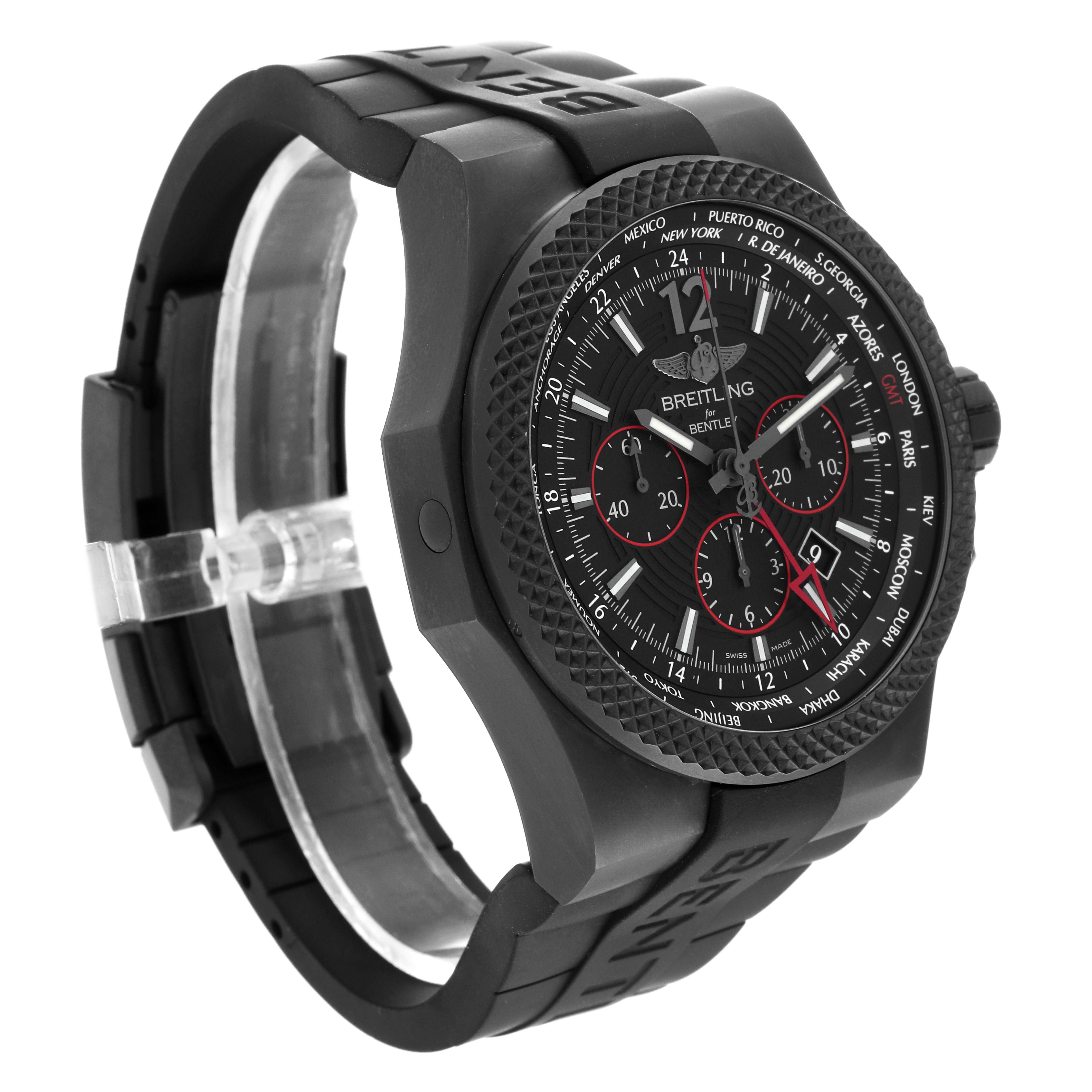 The image shows a side-angle view of the Breitling Bentley VB0432 Men's Titanium Black Dial VB0432 Men's Titanium Black Dial model watch, focusing on its black dial, bezel, and rubber strap.