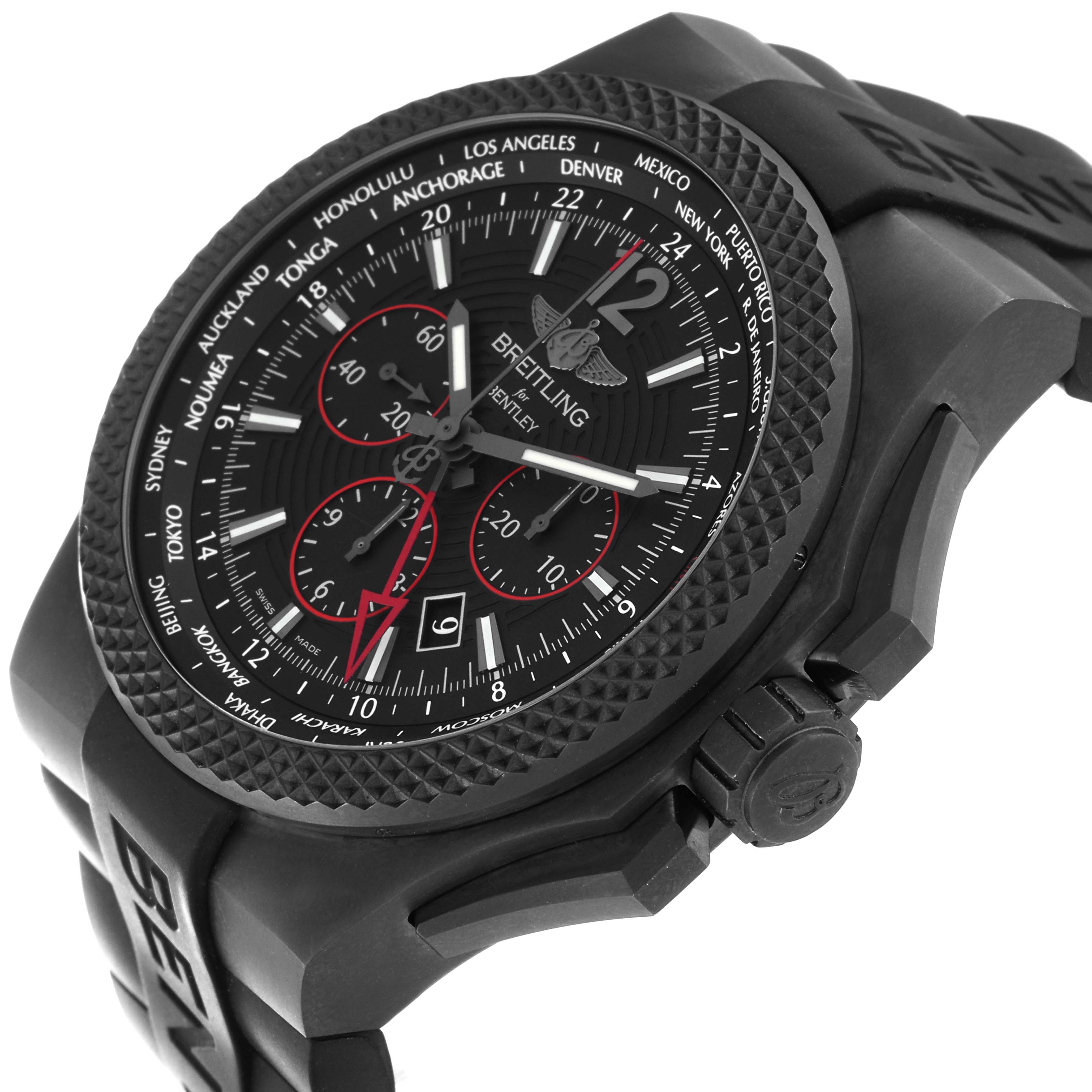 The Bentley model by Breitling is shown at a three-quarter angle, highlighting the bezel, crown, dial, and chronograph subdials.