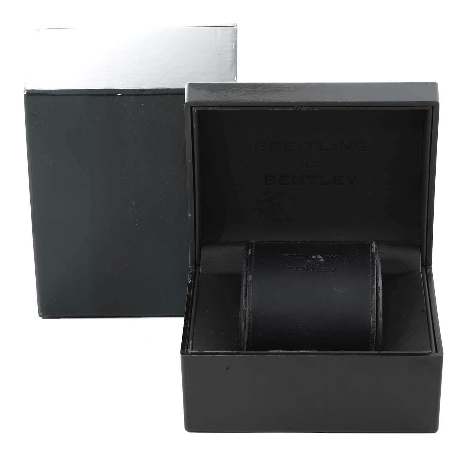 The image shows the packaging box and open case for a Breitling Bentley VB0432 Men's Titanium Black Dial VB0432 Men's Titanium Black Dial model watch.