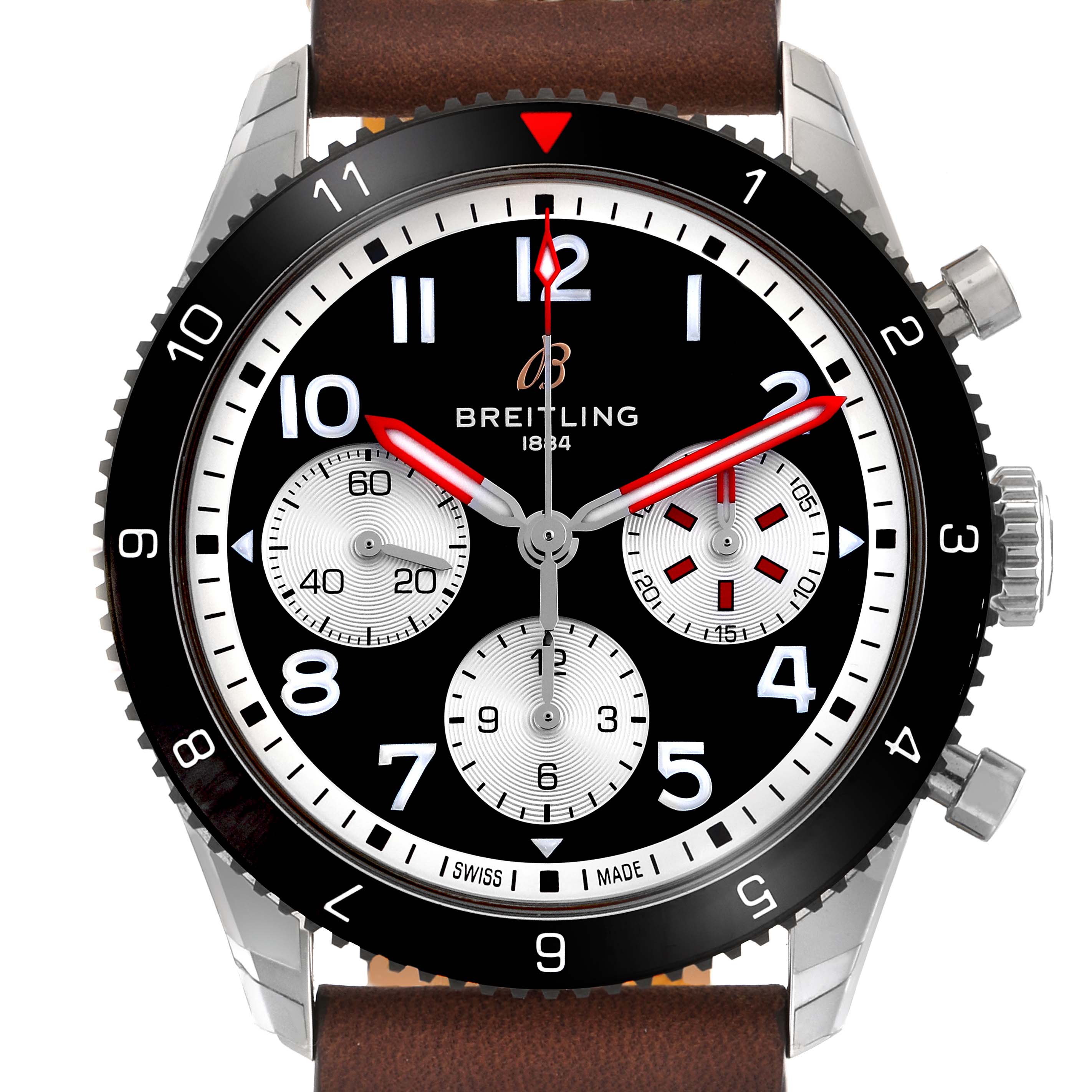 The Breitling Colt model Y23380 men
s watch is shown from the front, displaying its black dial, white markers, chronograph subdials, and leather strap.