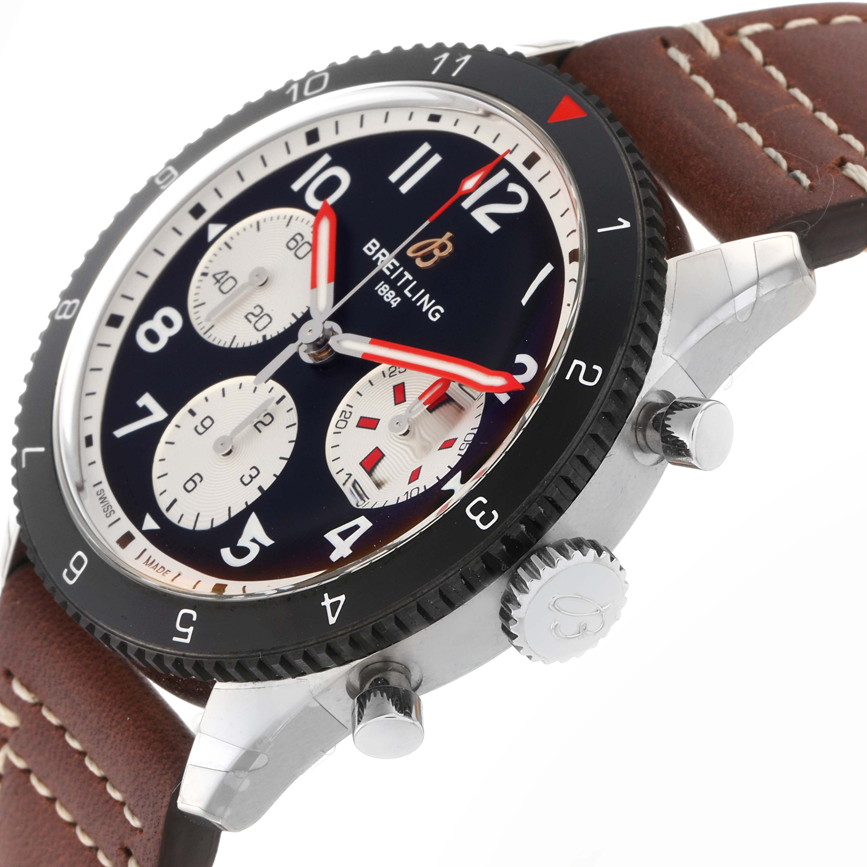The image shows a Breitling Colt model Y23380 men
s watch at a slight angle, displaying the dial, bezel, crown, chronograph subdials, and part of the leather strap.