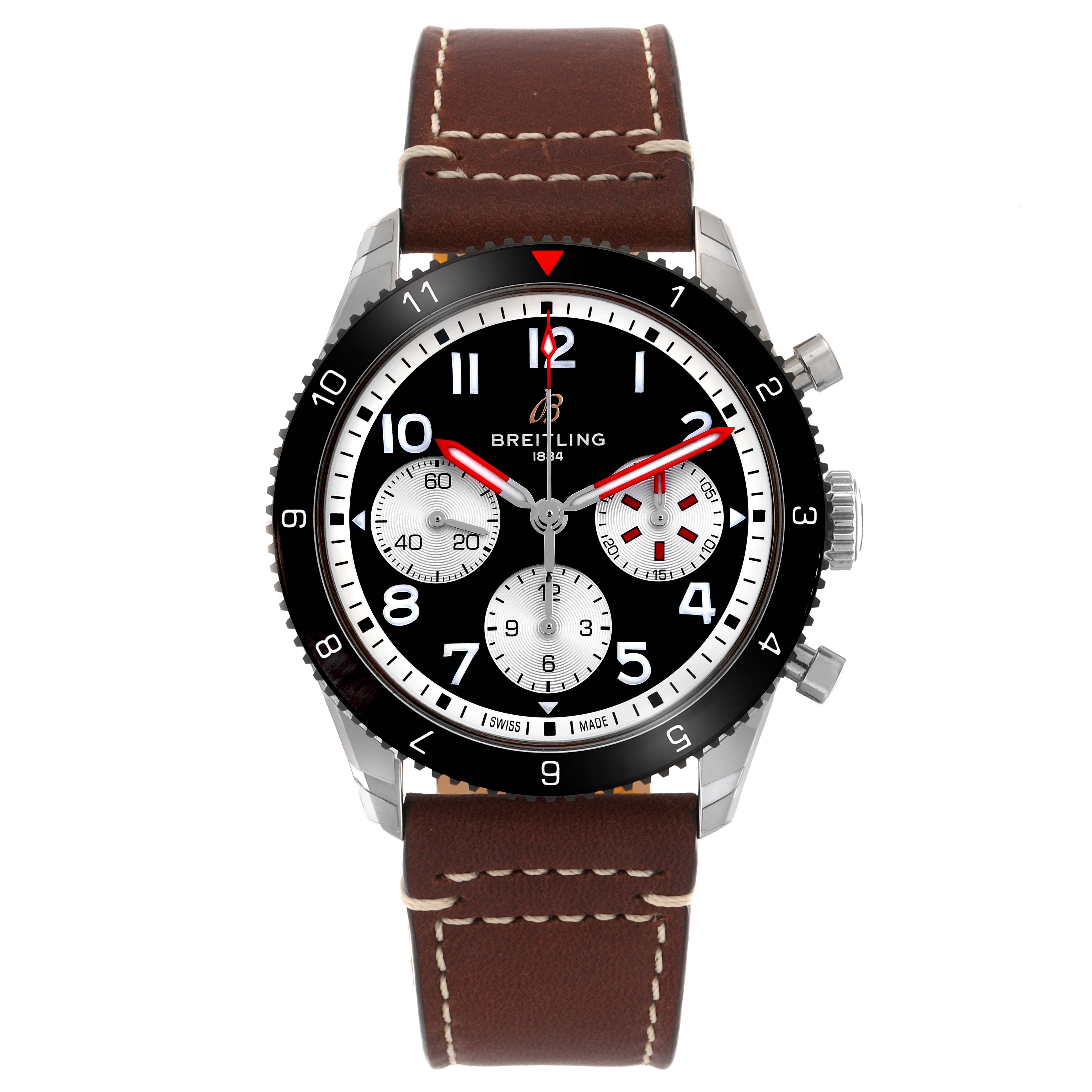 The image shows a Breitling Colt model Y23380 men
s watch, front view, highlighting its black dial, three subdials, stainless steel bezel, and brown leather strap.