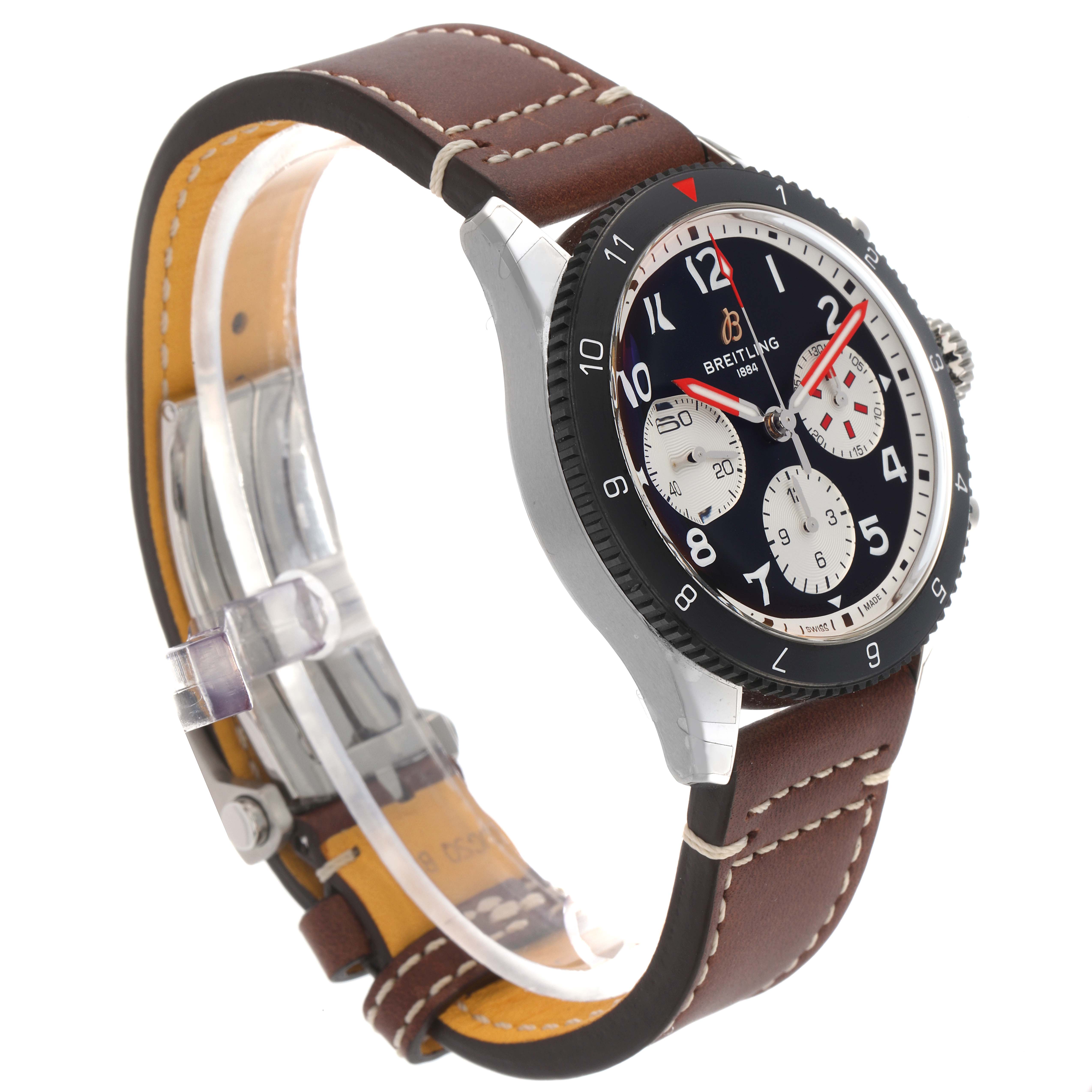 The Breitling Colt model number Y23380 watch is angled to show the face, bezel, and brown leather strap with stitching, highlighting its chronograph features.