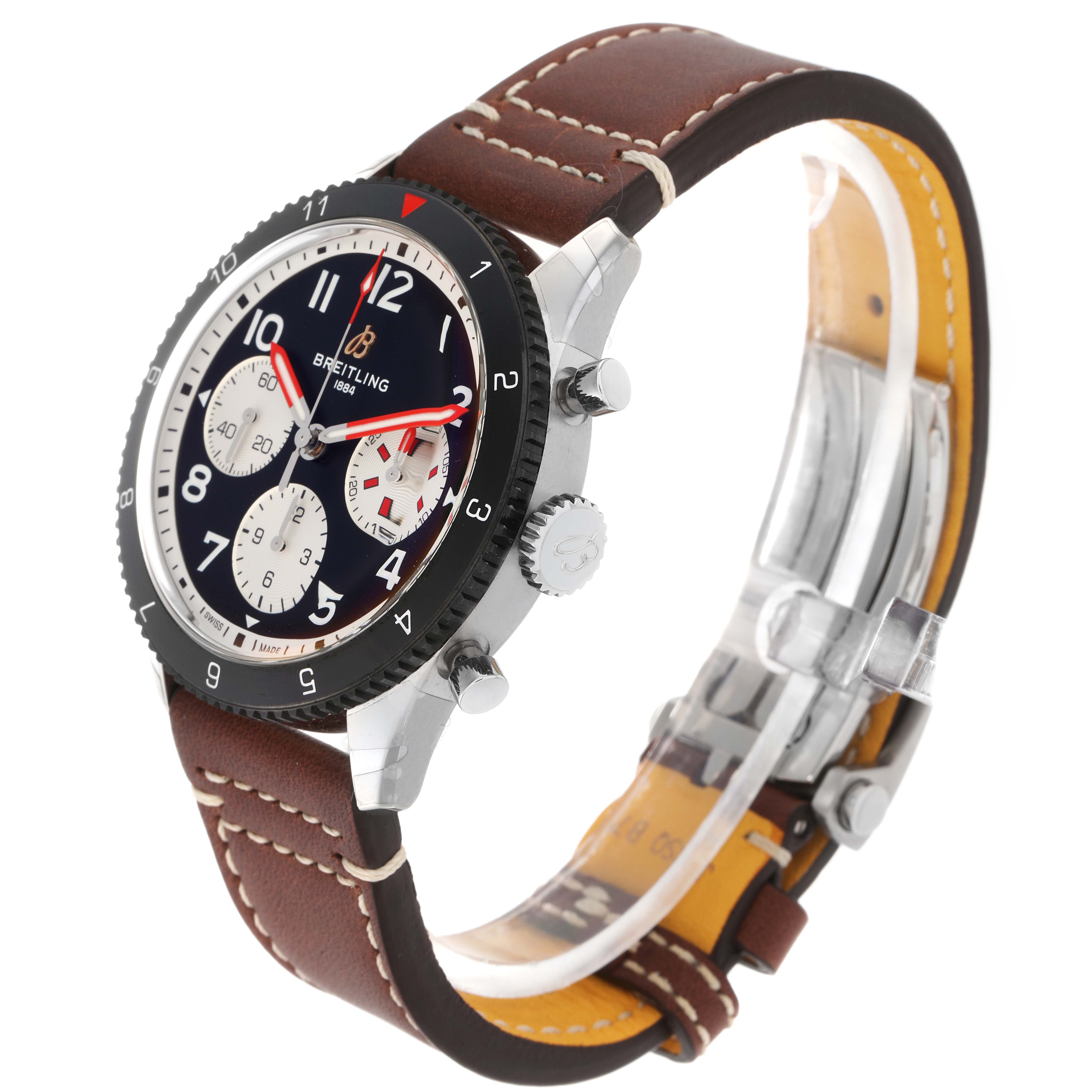 This image shows a Breitling Colt Y23380 men
s watch at a slight angle, highlighting the dial, bezel, crown, pushers, and brown leather strap with stitching.