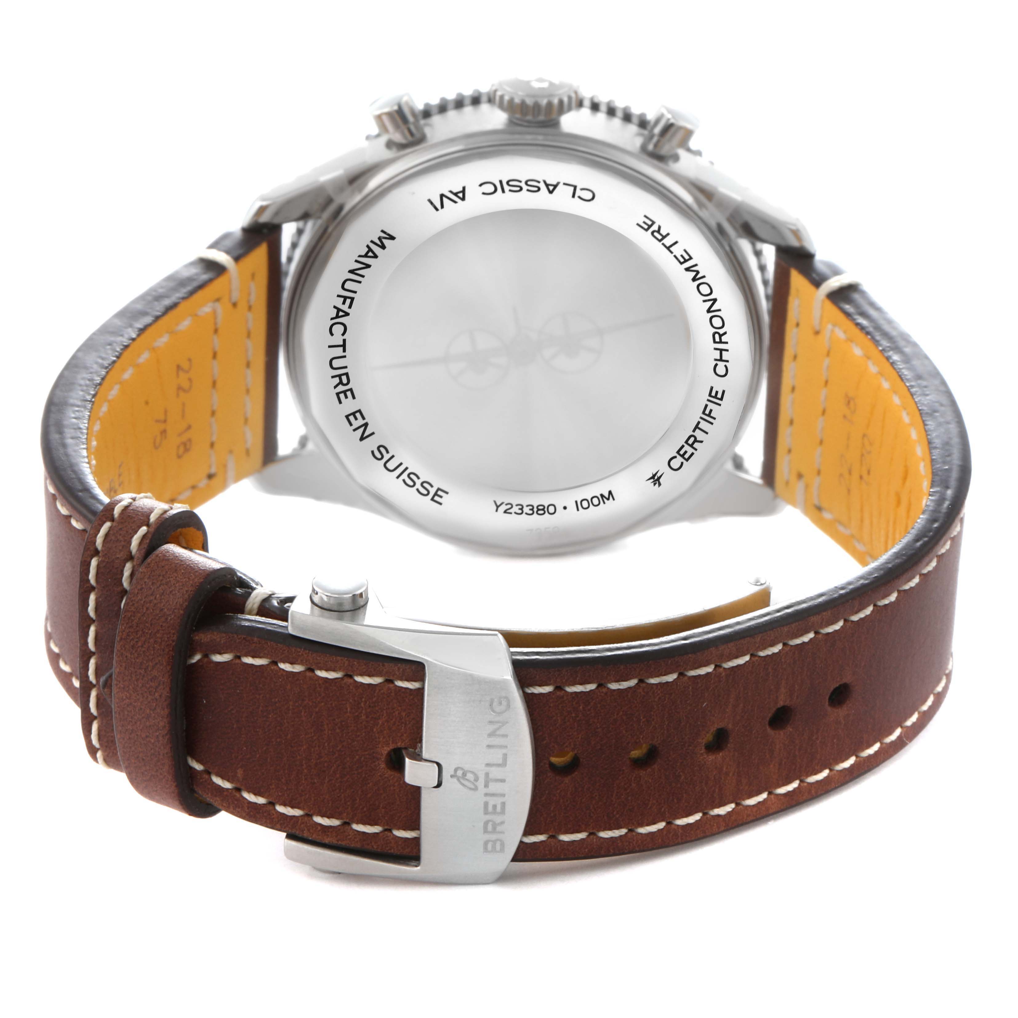 The image shows the back view of the Breitling Colt, model number Y23380, highlighting the case back, leather strap, and buckle.